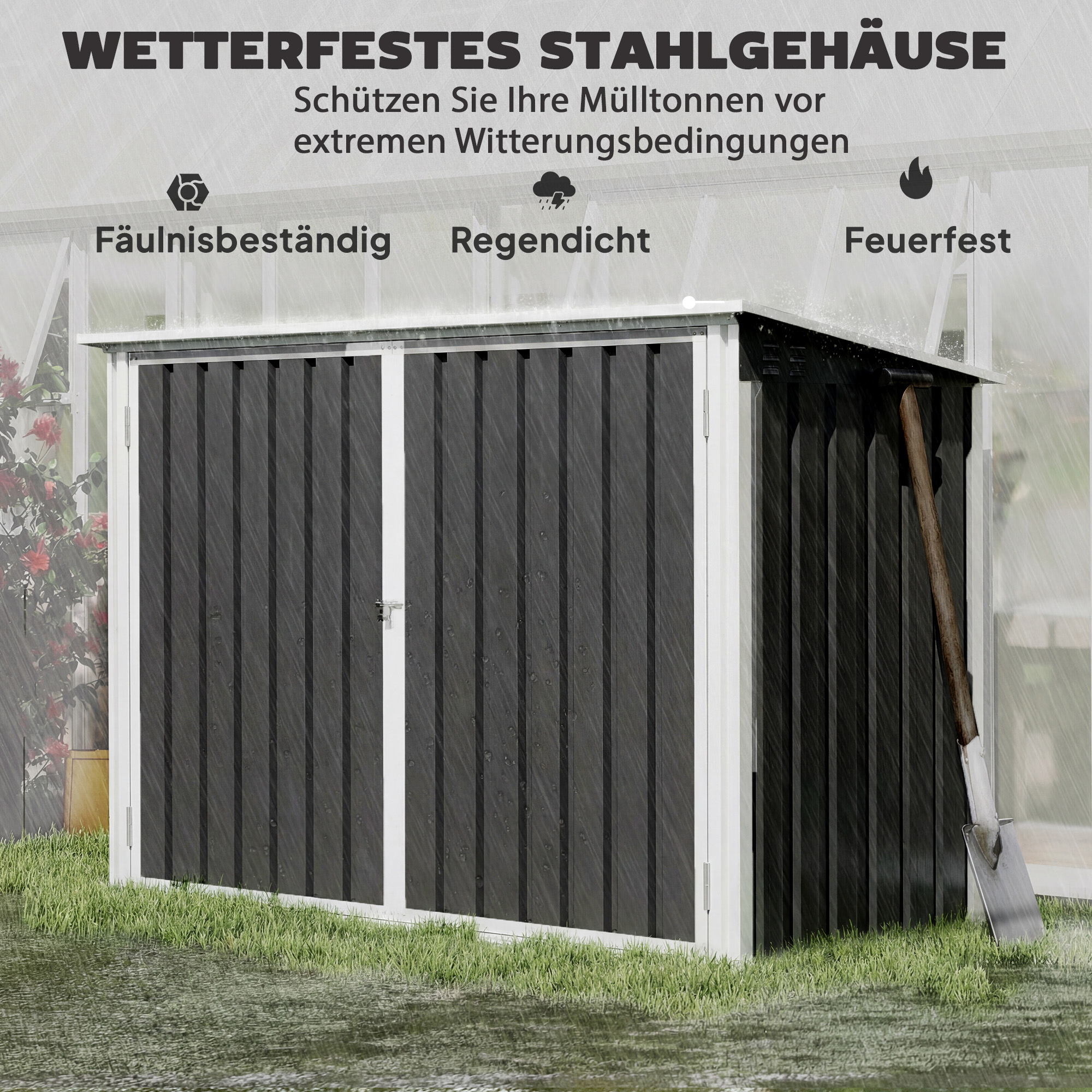 Mülltonnenbox 2 prügikasti jaoks, tsingitud teras, tumehall, 179,5 x 108 x 129,5/113 cm