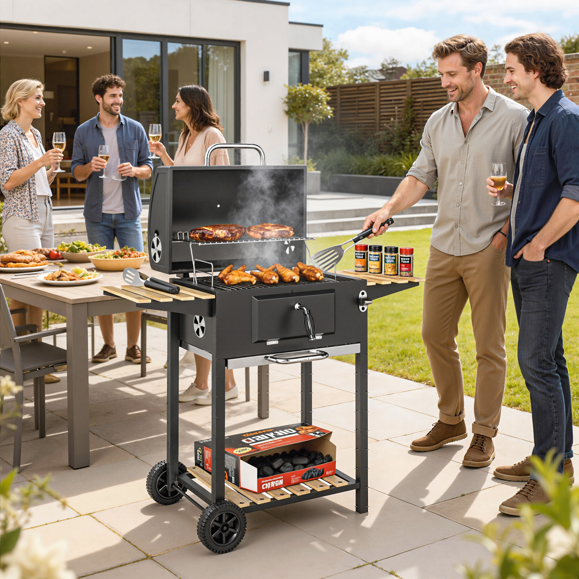 Söegrill käruga, kõrgus reguleeritav söepann, must, 112 x 58 x 107 cm