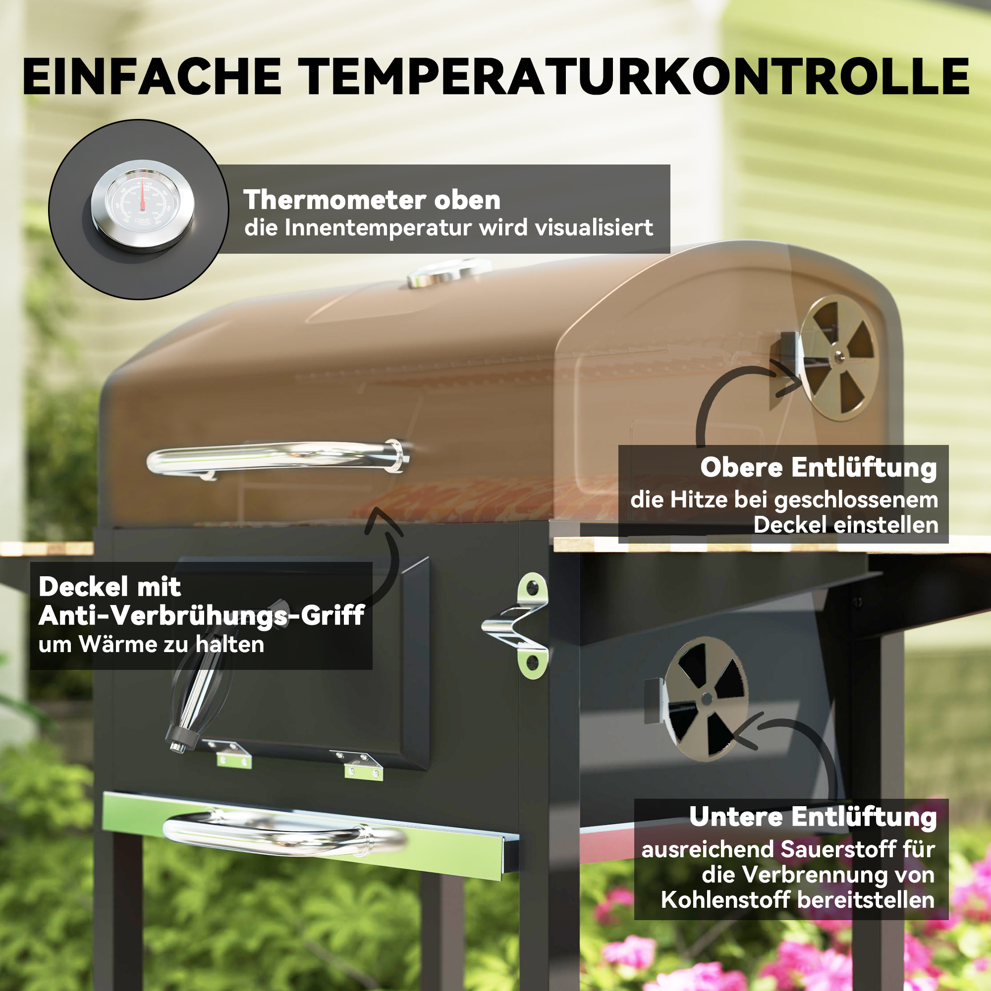 Söegrill käruga, kõrgus reguleeritav söepann, must, 112 x 58 x 107 cm
