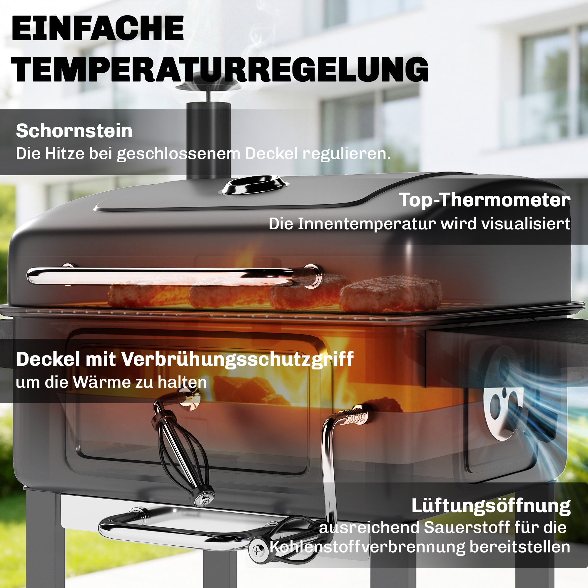 Söegrill-smoker kaane ja termomeetriga, must, 112 x 65 x 115 cm