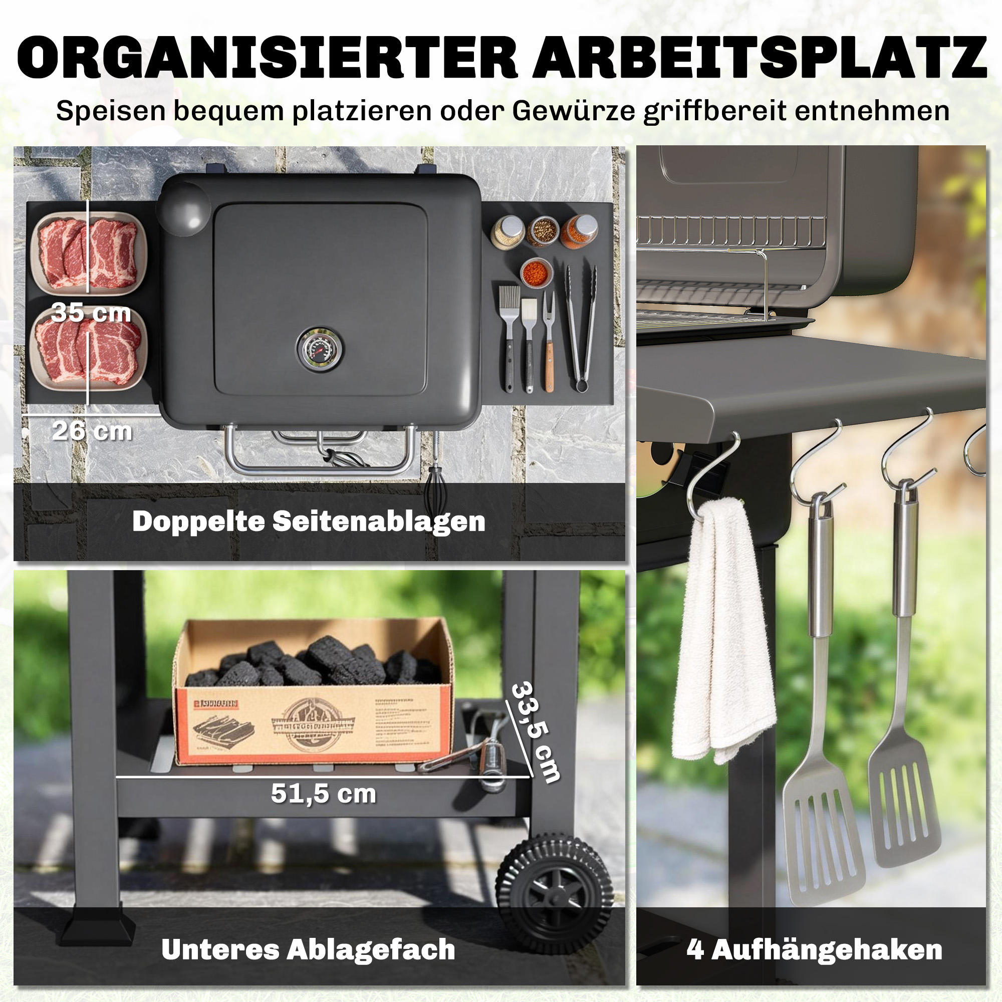 Söegrill-smoker kaane ja termomeetriga, must, 112 x 65 x 115 cm