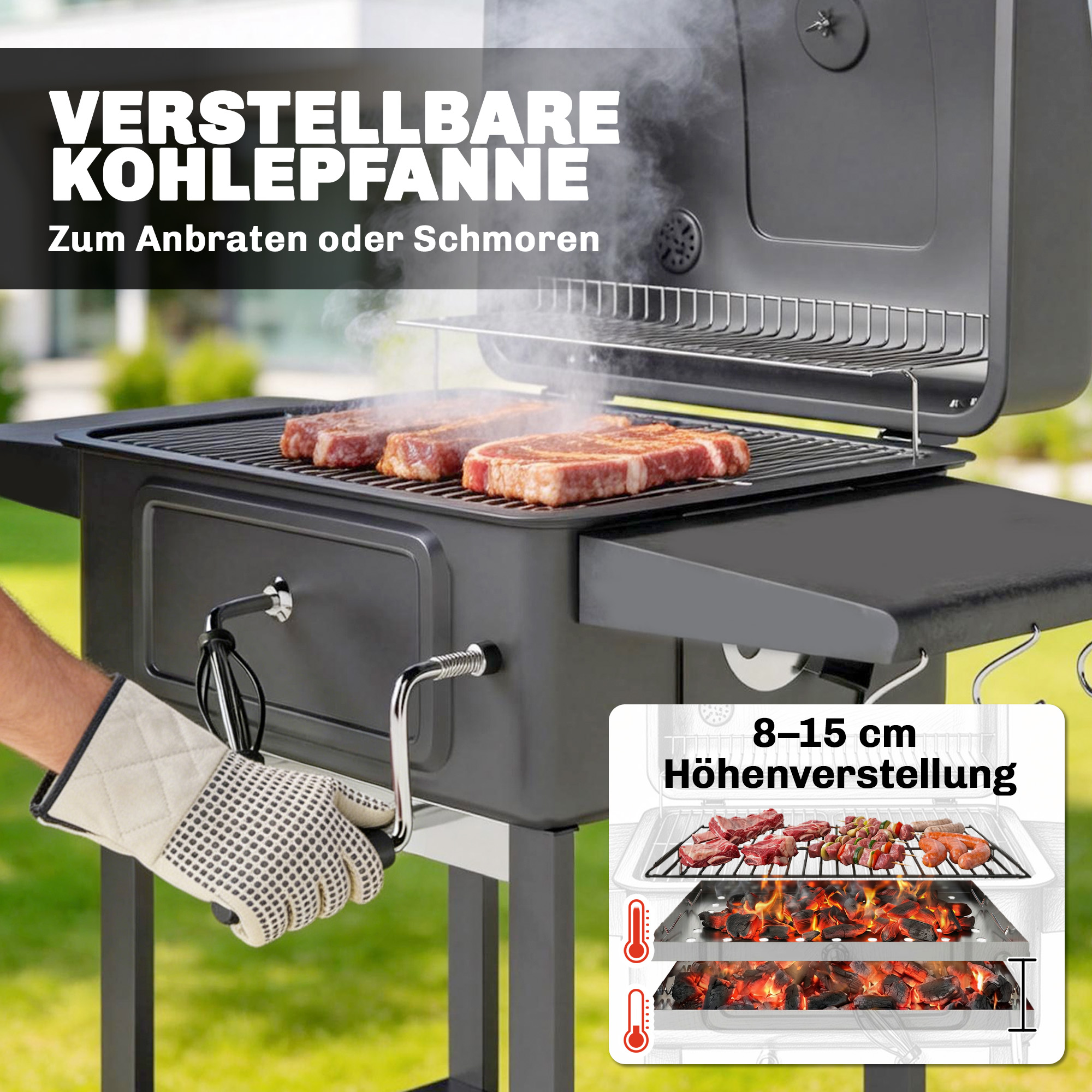 Söegrill-smoker kaane ja termomeetriga, must, 112 x 65 x 115 cm