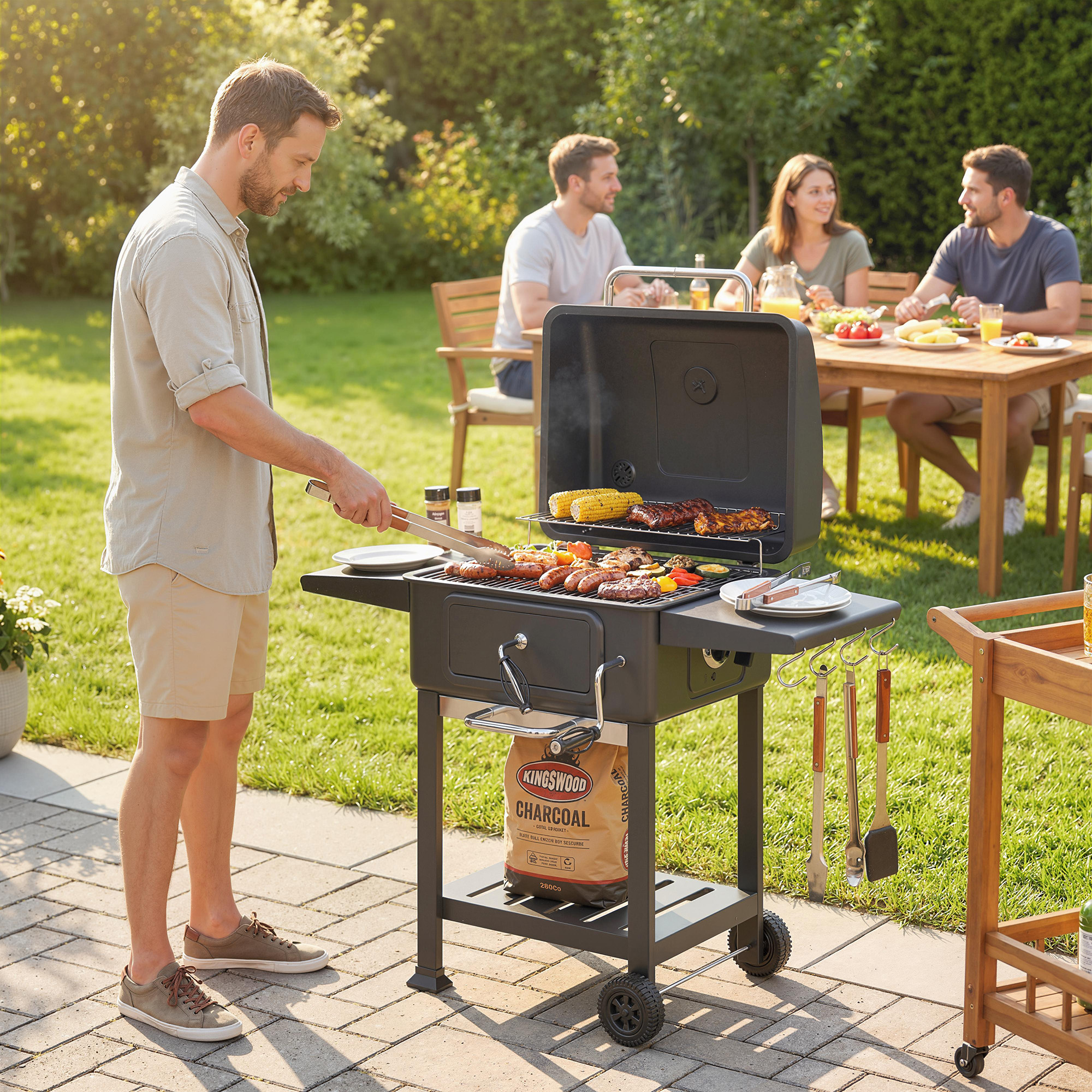 Söegrill-smoker kaane ja termomeetriga, must, 112 x 65 x 115 cm