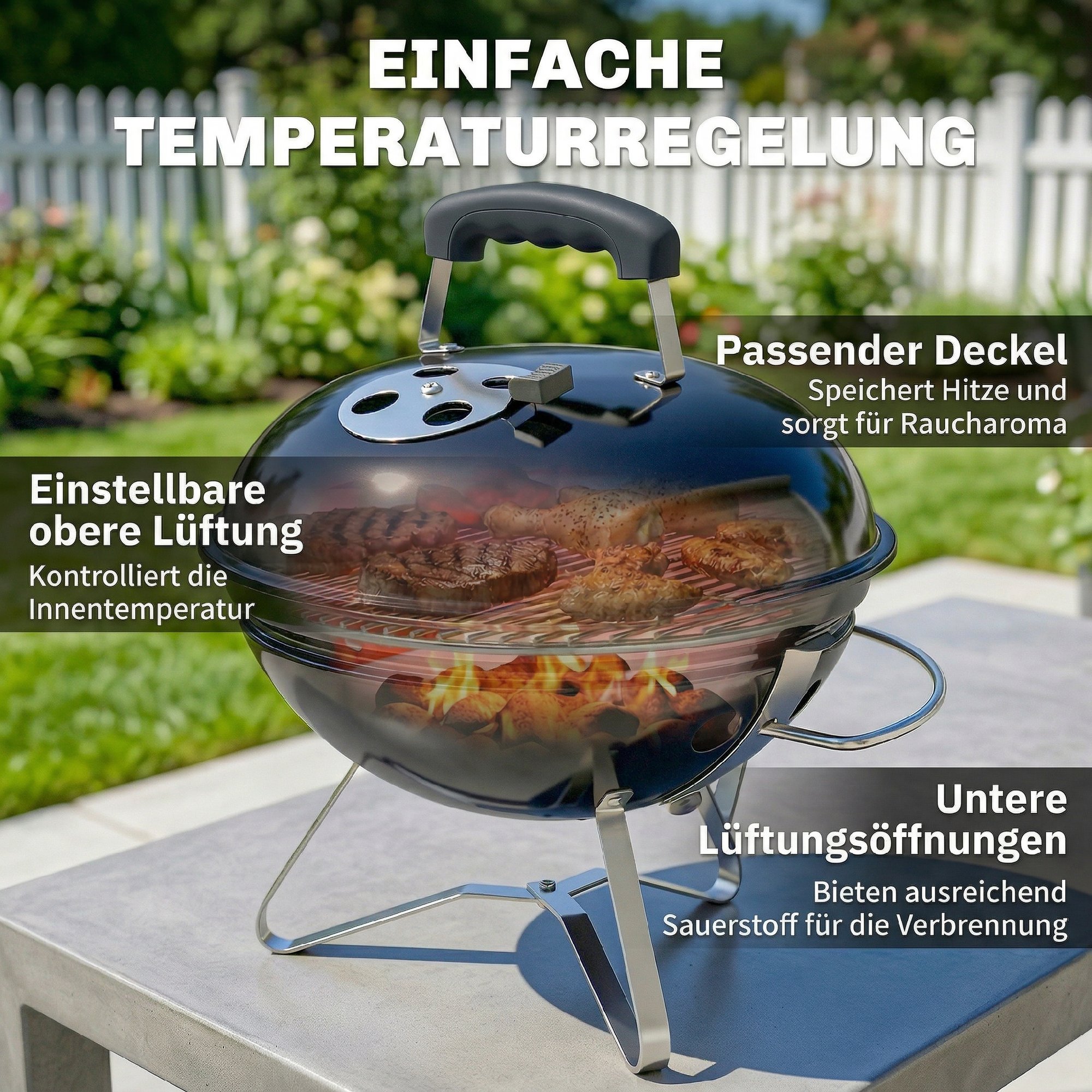 Söegrill, kaasaskantav ümmargune grill kaane, käepideme ja reguleeritavate ventilatsiooniavadega, must, 41 x 41 x 44 cm