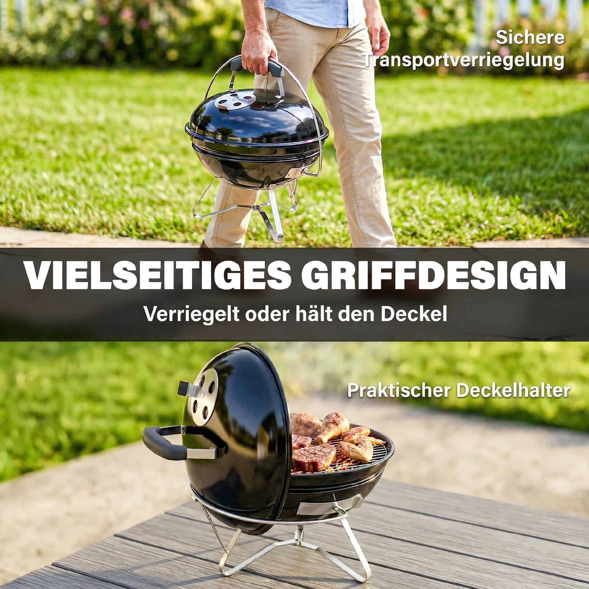 Söegrill, kaasaskantav ümmargune grill kaane, käepideme ja reguleeritavate ventilatsiooniavadega, must, 41 x 41 x 44 cm