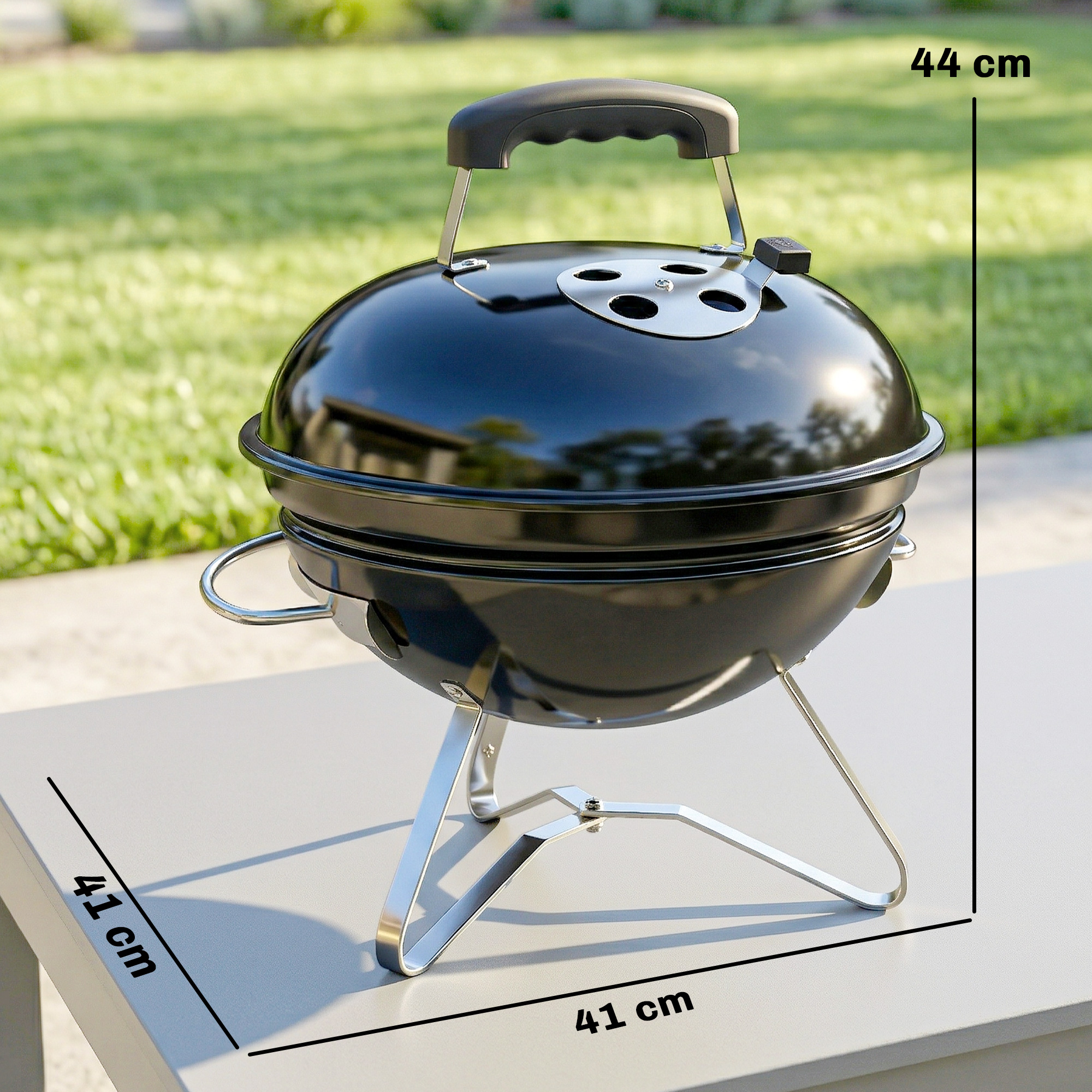 Söegrill, kaasaskantav ümmargune grill kaane, käepideme ja reguleeritavate ventilatsiooniavadega, must, 41 x 41 x 44 cm
