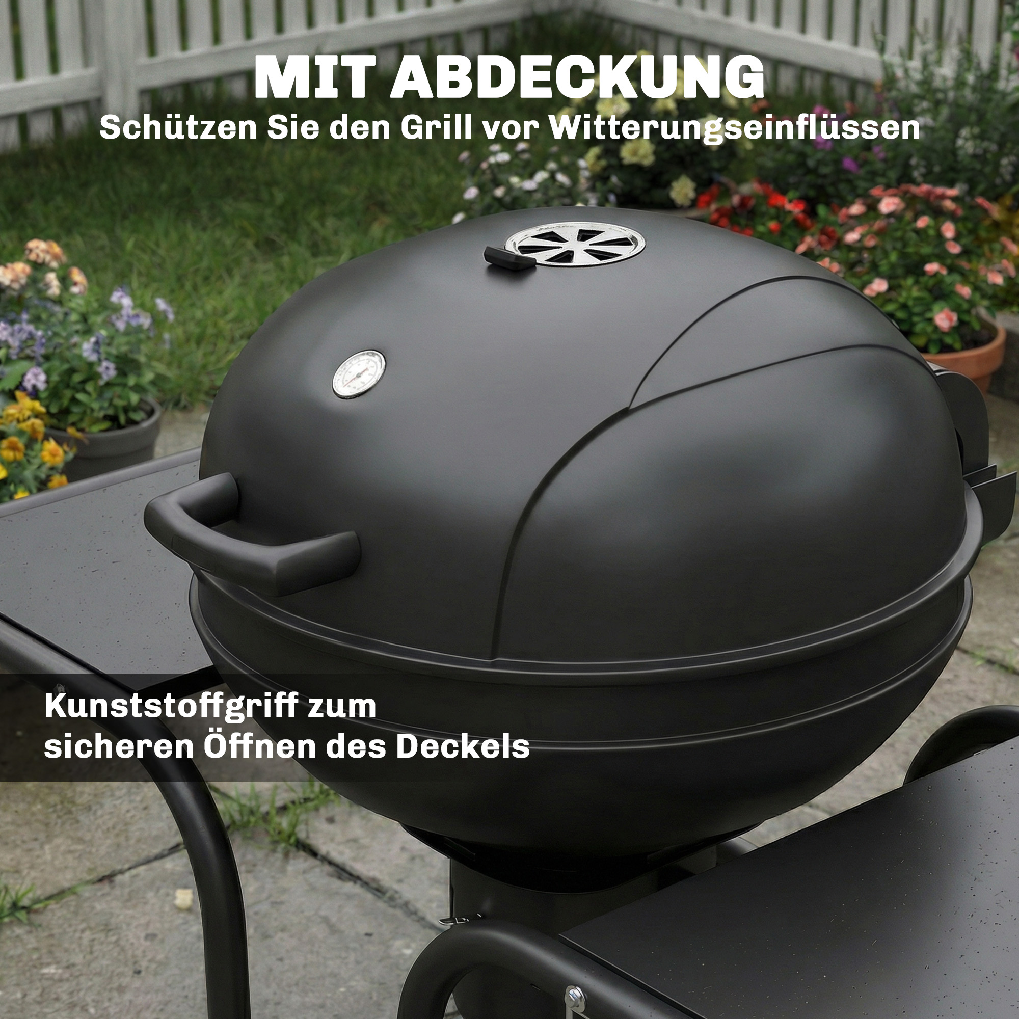 Söegrill külglaudade, kaane, termomeetri ja ratastega, must, 129 x 63,5 x 106,5 cm