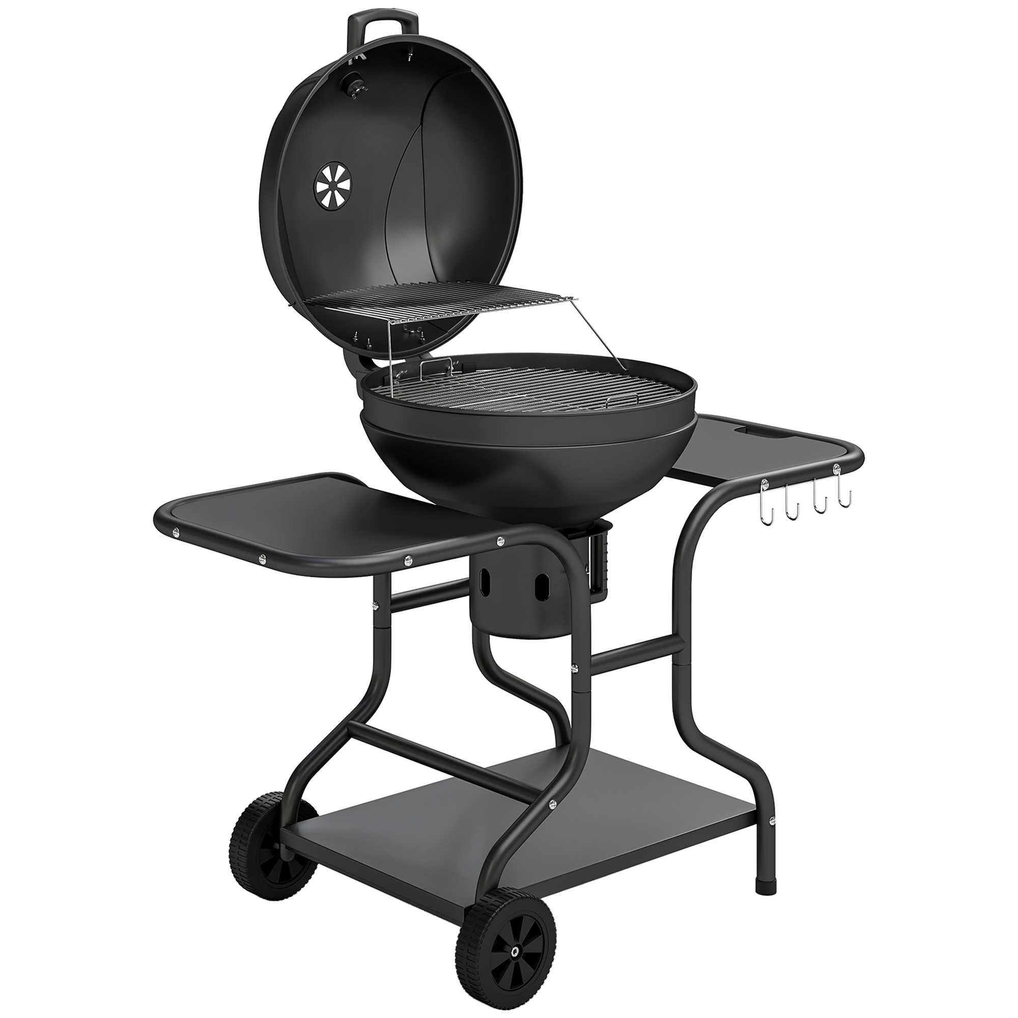 Söegrill külglaudade, kaane, termomeetri ja ratastega, must, 129 x 63,5 x 106,5 cm