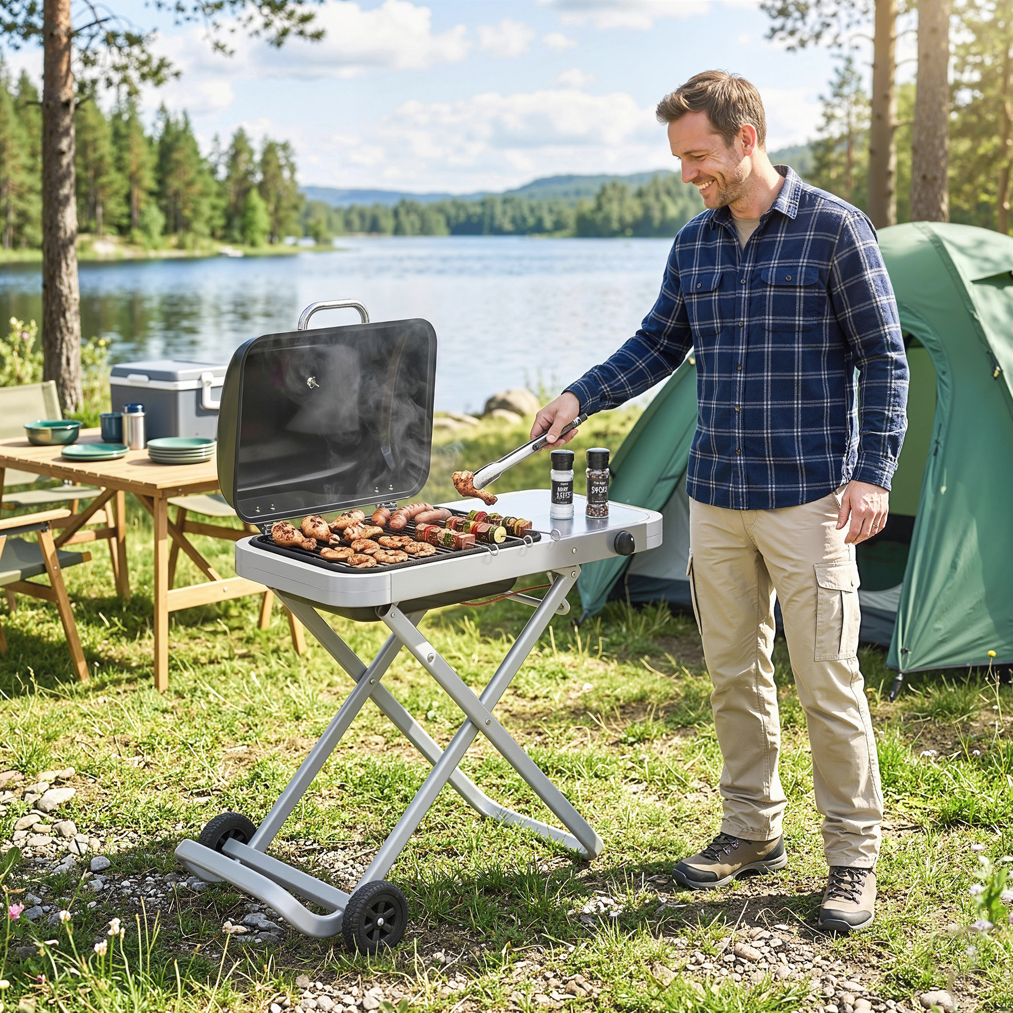 Kaasaskantav gaasigrill, 1 põletiga, 2,5 kW, must hõbedane, 109 x 55 x 89 cm