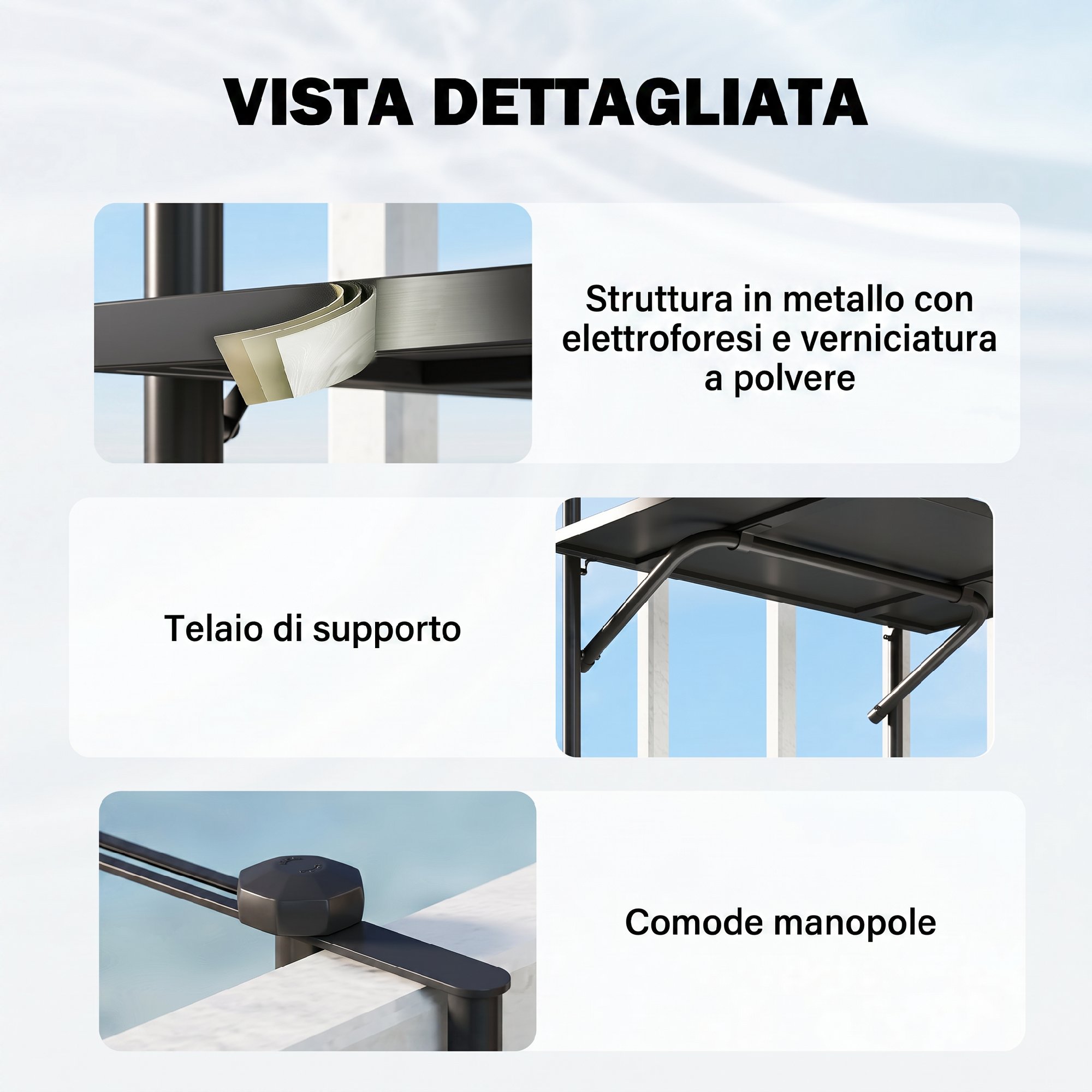 Rõdutabel, kinnitatav piiretele, 6-15 cm paksusele, reguleeritav, terasest, 62 x 60 x 85,5 cm, must