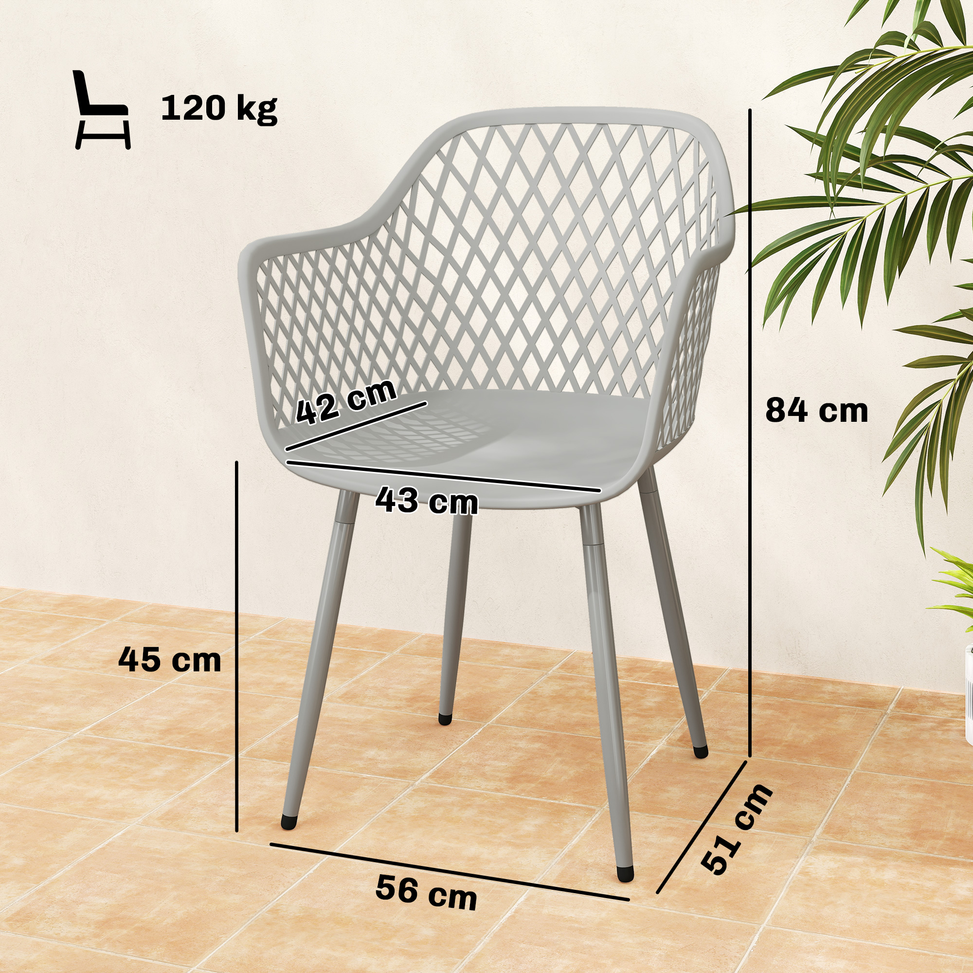 4-osaline aiamööbli toolide komplekt, hall, plast ja metall, 56 x 51 x 84 cm
