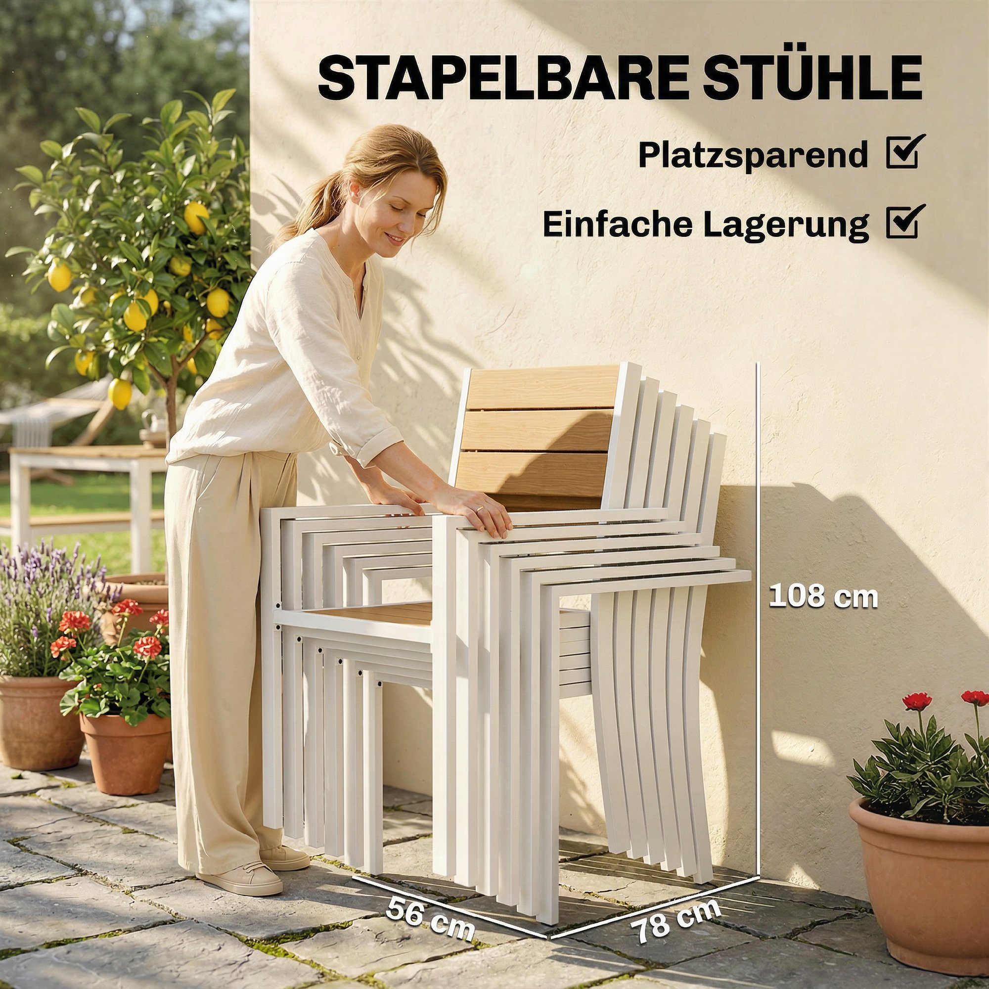 7-osaline aiamööbli komplekt, laud 6 virnastatava tooliga, valge, teak-toon
