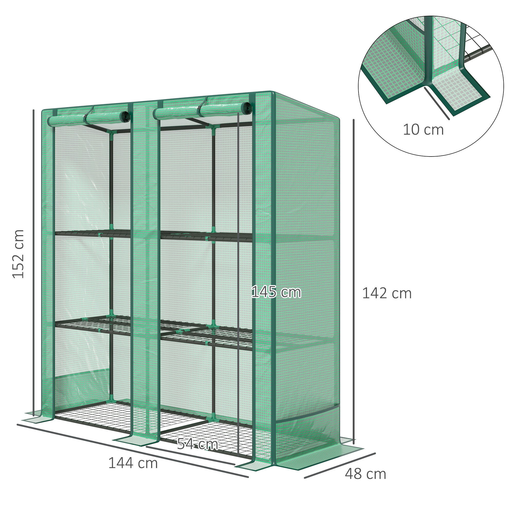 Mini kasvuhoone 3 tasandiga riiuliga, plastikkate, roheline, 144 x 48 x 152 cm