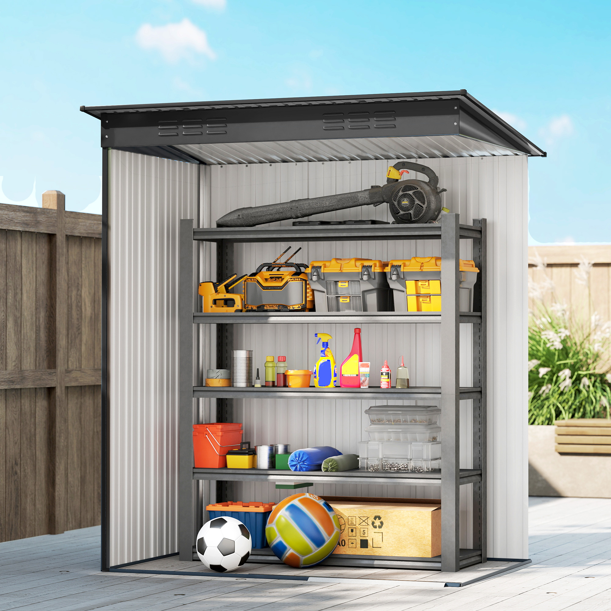 Metallist aiakuur 1,37 m², tumehall, lükandukse ja ventilatsiooniavadega