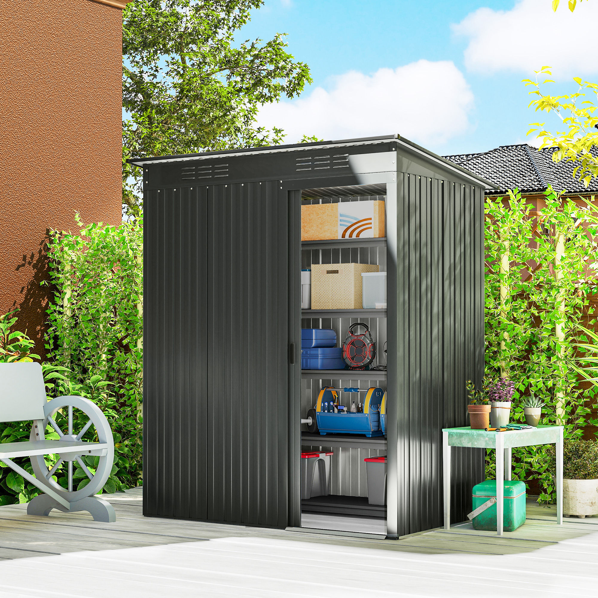Metallist aiakuur 1,37 m², tumehall, lükandukse ja ventilatsiooniavadega