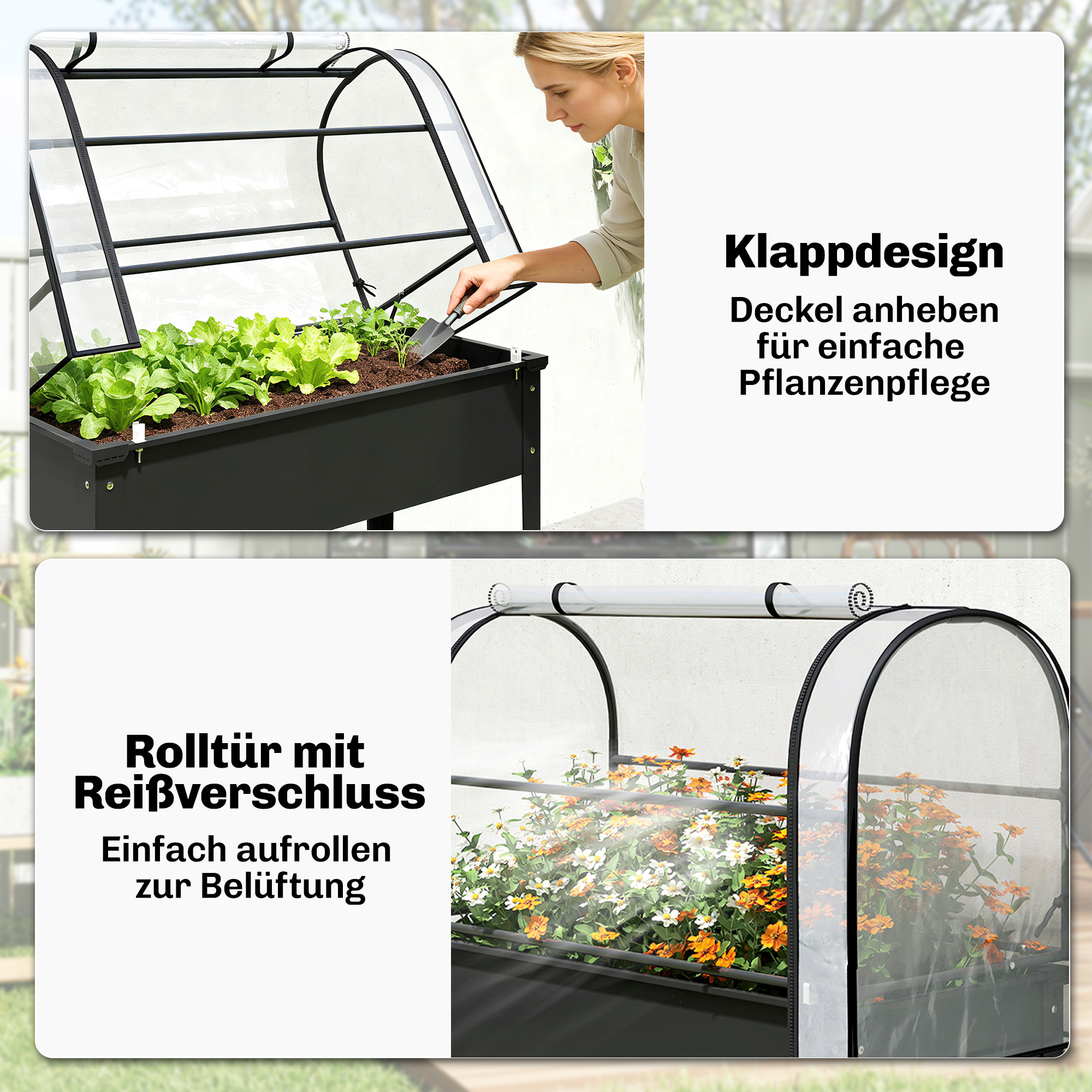 Kõrgendatud peenar kasvuhoonekattega, must, 100 x 49 x 136 cm, kandevõime kuni 80 kg