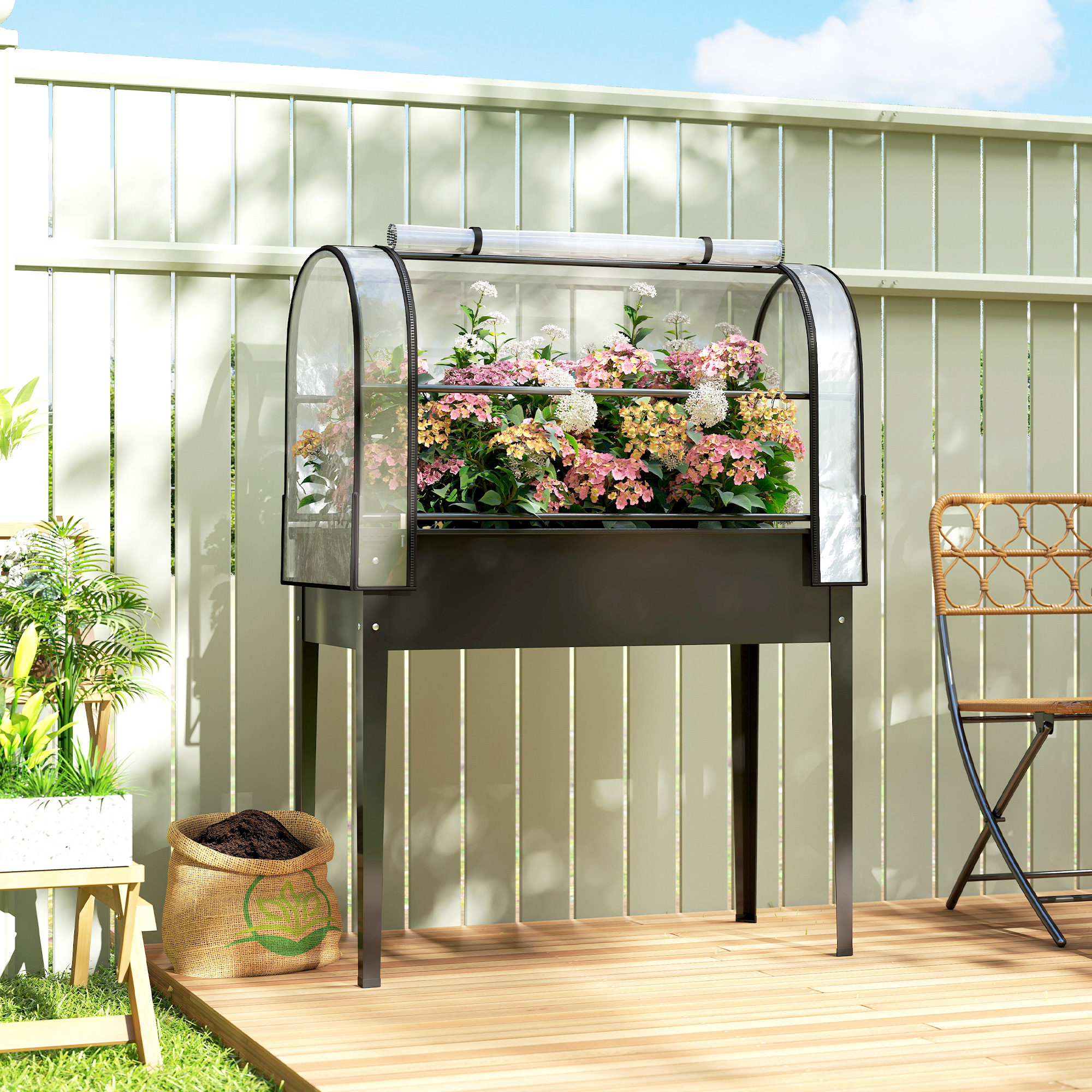 Kõrgendatud peenar kasvuhoonekattega, must, 100 x 49 x 136 cm, kandevõime kuni 80 kg