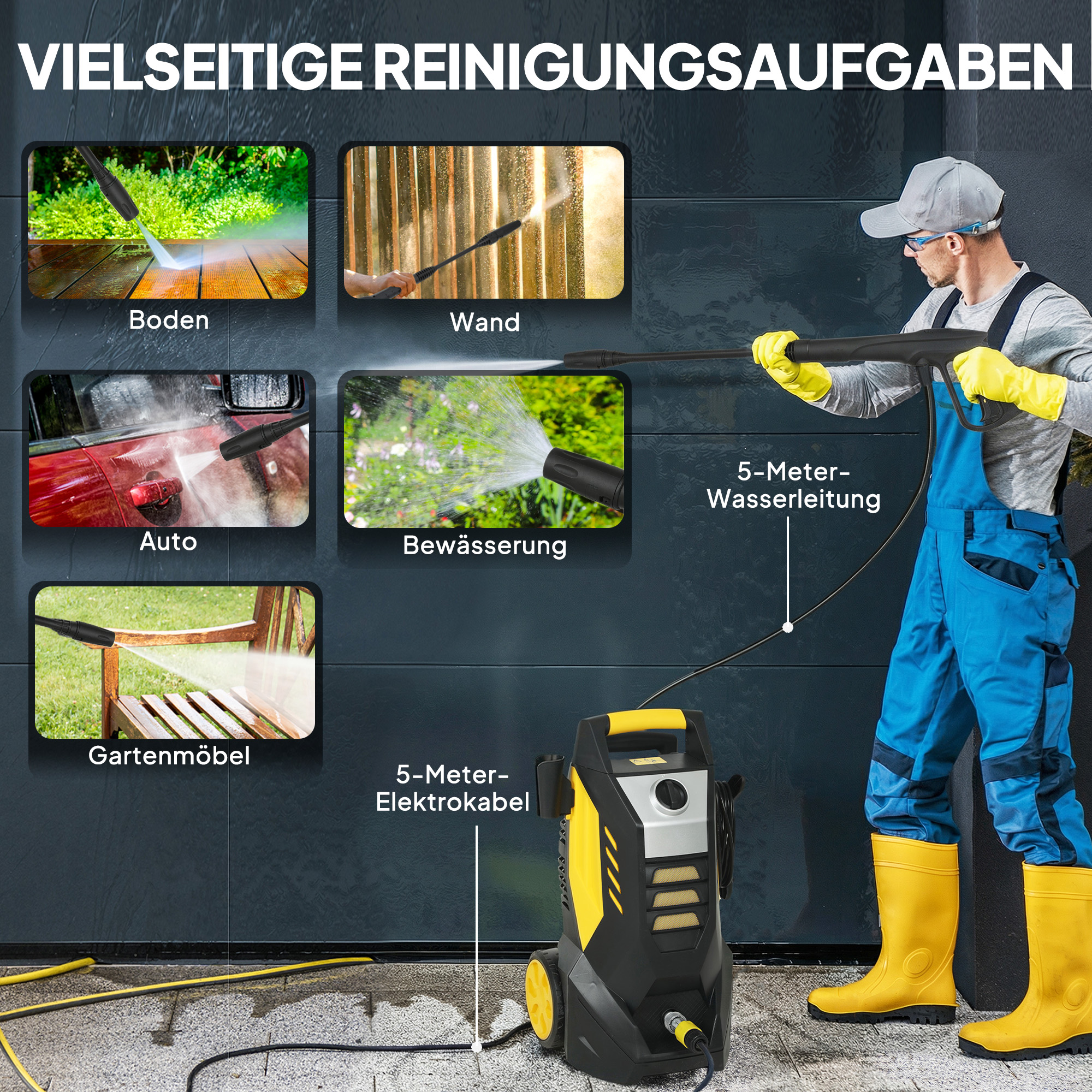Kõrgsurvepesur alumiinumpumbaga, 135 bar, 1800 W, 540 l/h, 5 m voolik, kollane must