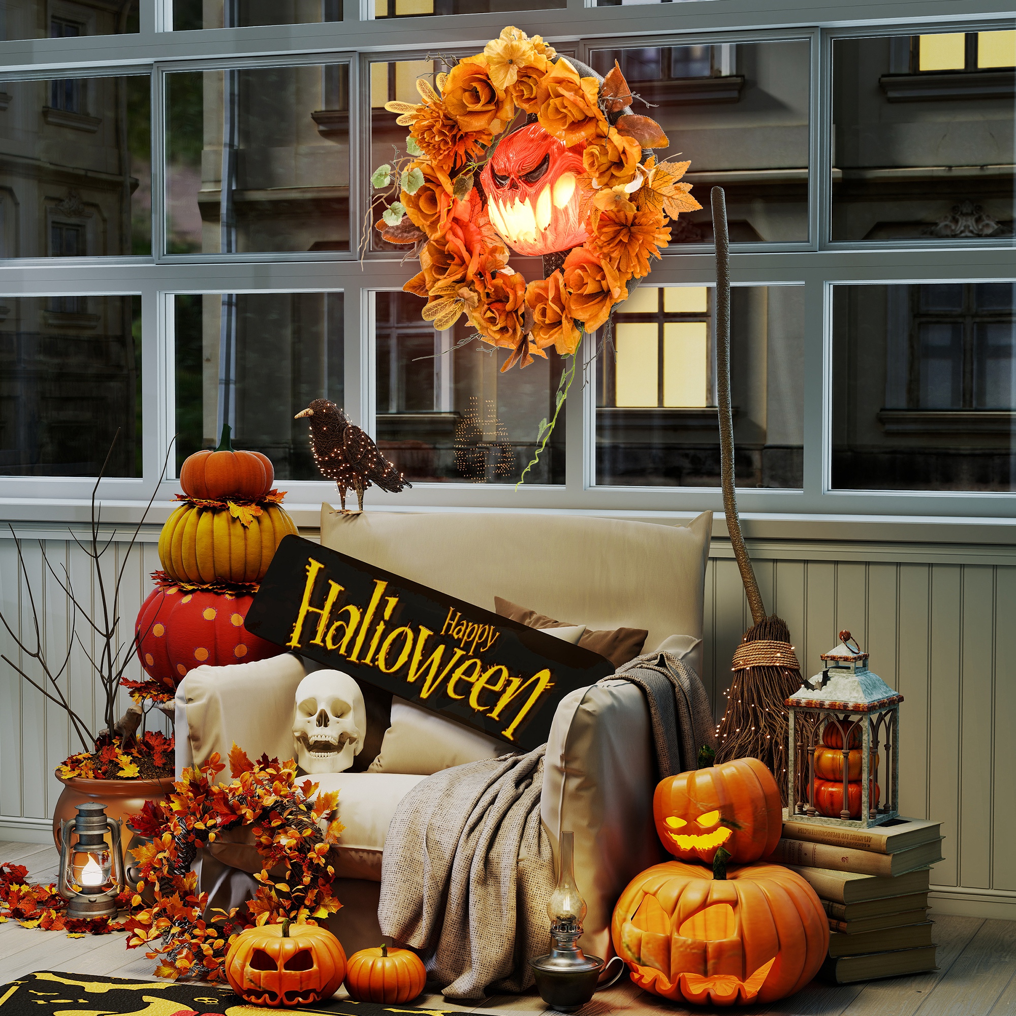 Halloweeni pärg kõrvitsa kujundusega, oranž, 44 x 9 x 44 cm, plast