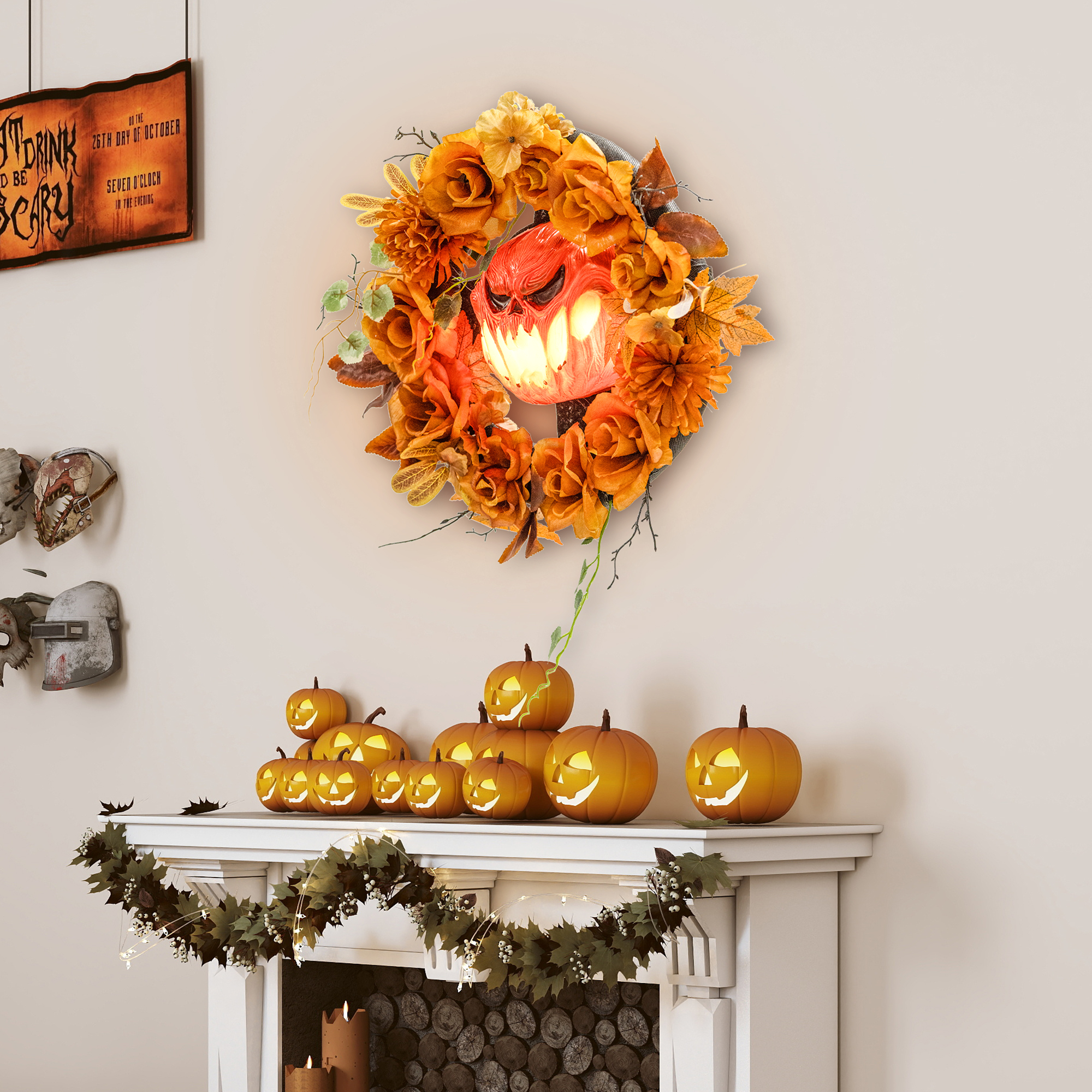 Halloweeni pärg kõrvitsa kujundusega, oranž, 44 x 9 x 44 cm, plast