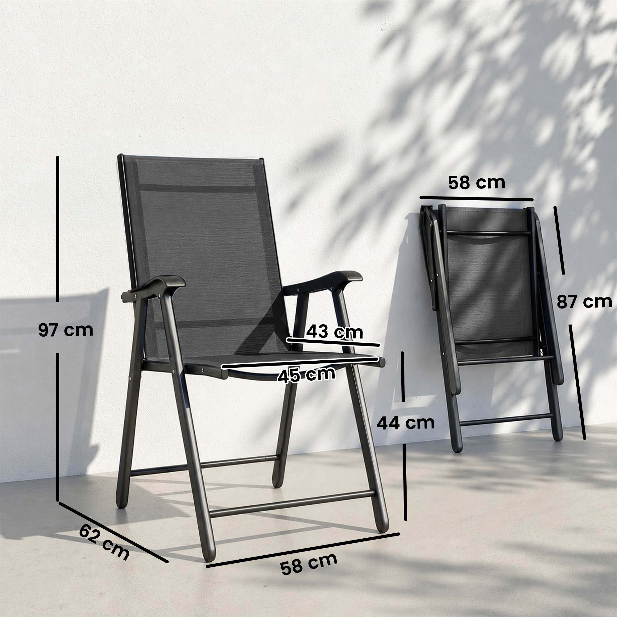 2-osaline kokkupandav aiatoolide komplekt kõrge seljatoe ja käetugedega, terasest, must, 58 x 62 x 97 cm