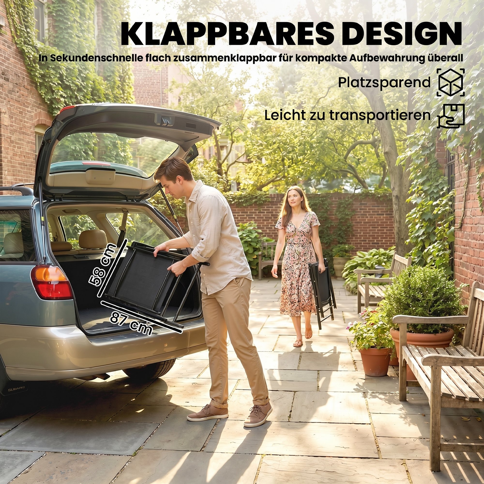 2-osaline kokkupandav aiatoolide komplekt kõrge seljatoe ja käetugedega, terasest, must, 58 x 62 x 97 cm