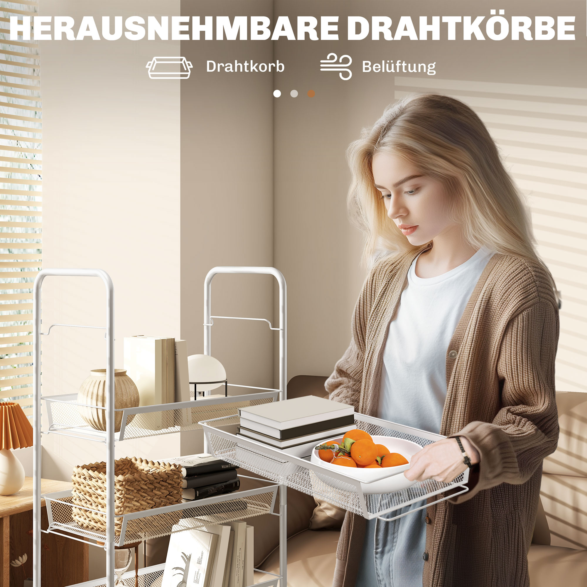 Köögikäru 5 traatkorvi, 4 konksu, 4 rattaga, 2 käepidemega, teras / plast, 45 x 26,5 x 106 cm, valge