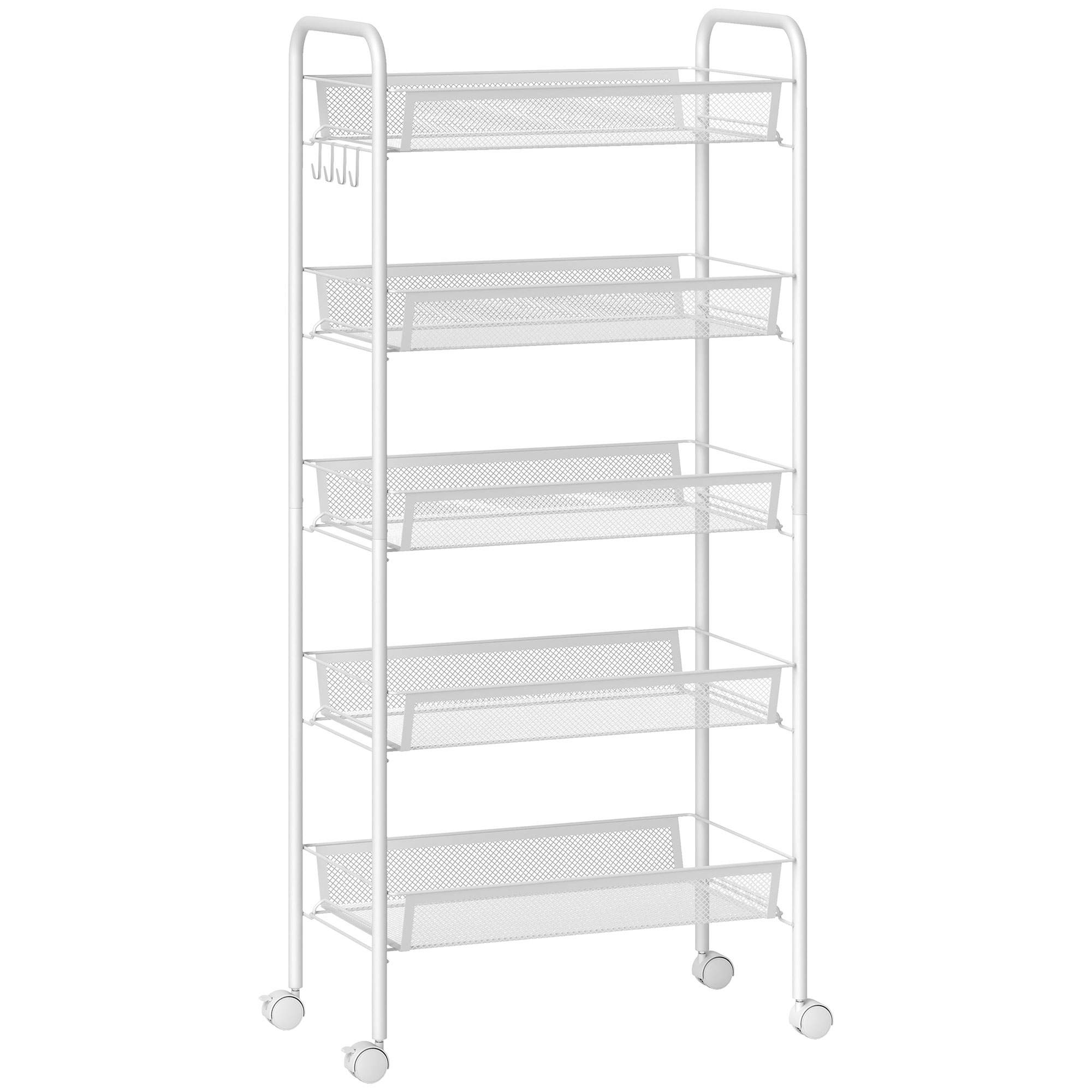 Köögikäru 5 traatkorvi, 4 konksu, 4 rattaga, 2 käepidemega, teras / plast, 45 x 26,5 x 106 cm, valge