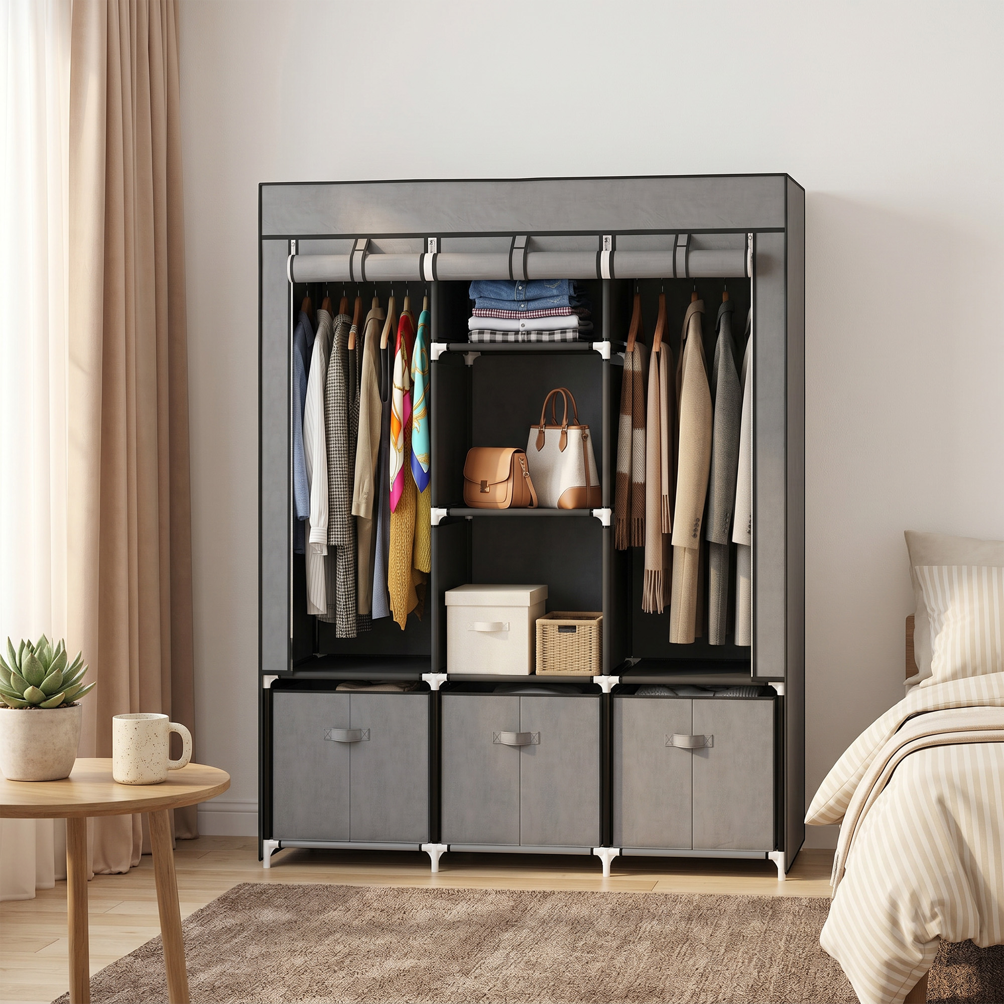 Riidest riidekapp, tumehall, 125 x 43 x 162,5 cm, 3 sahtliga