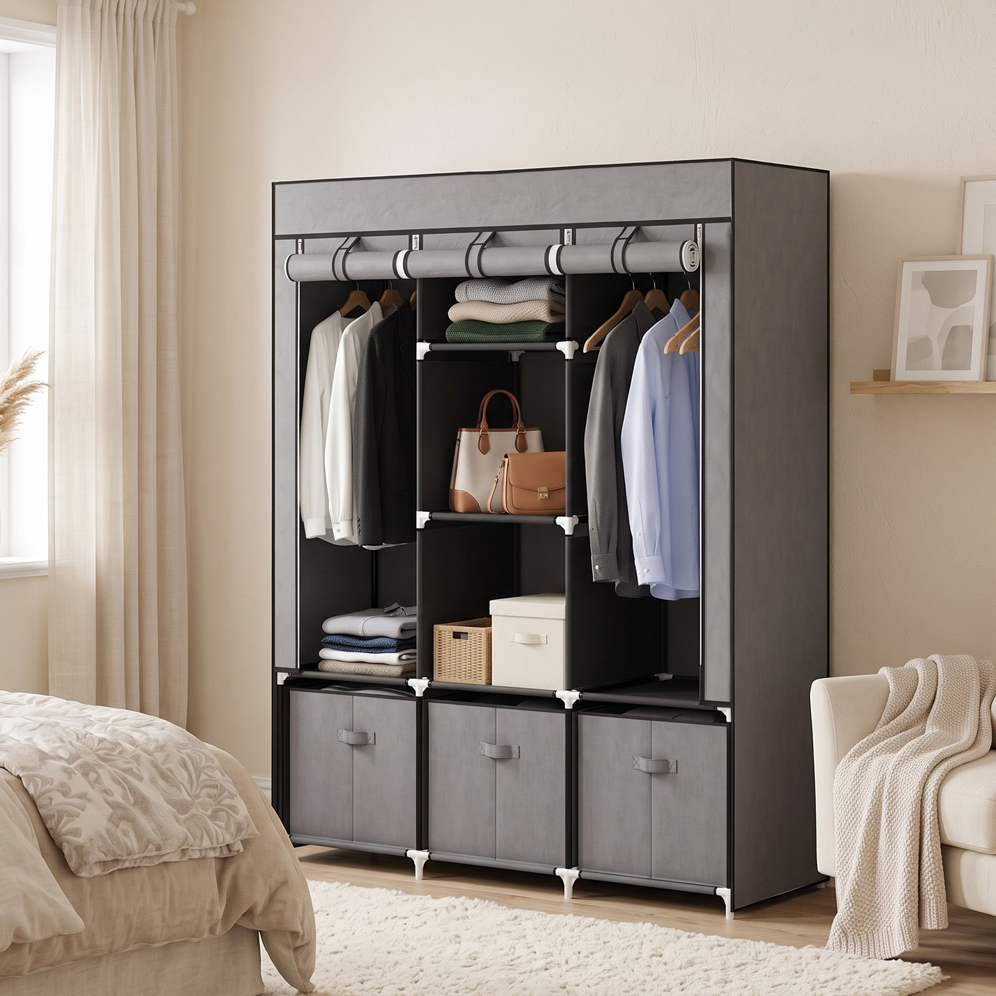 Riidest riidekapp, tumehall, 125 x 43 x 162,5 cm, 3 sahtliga
