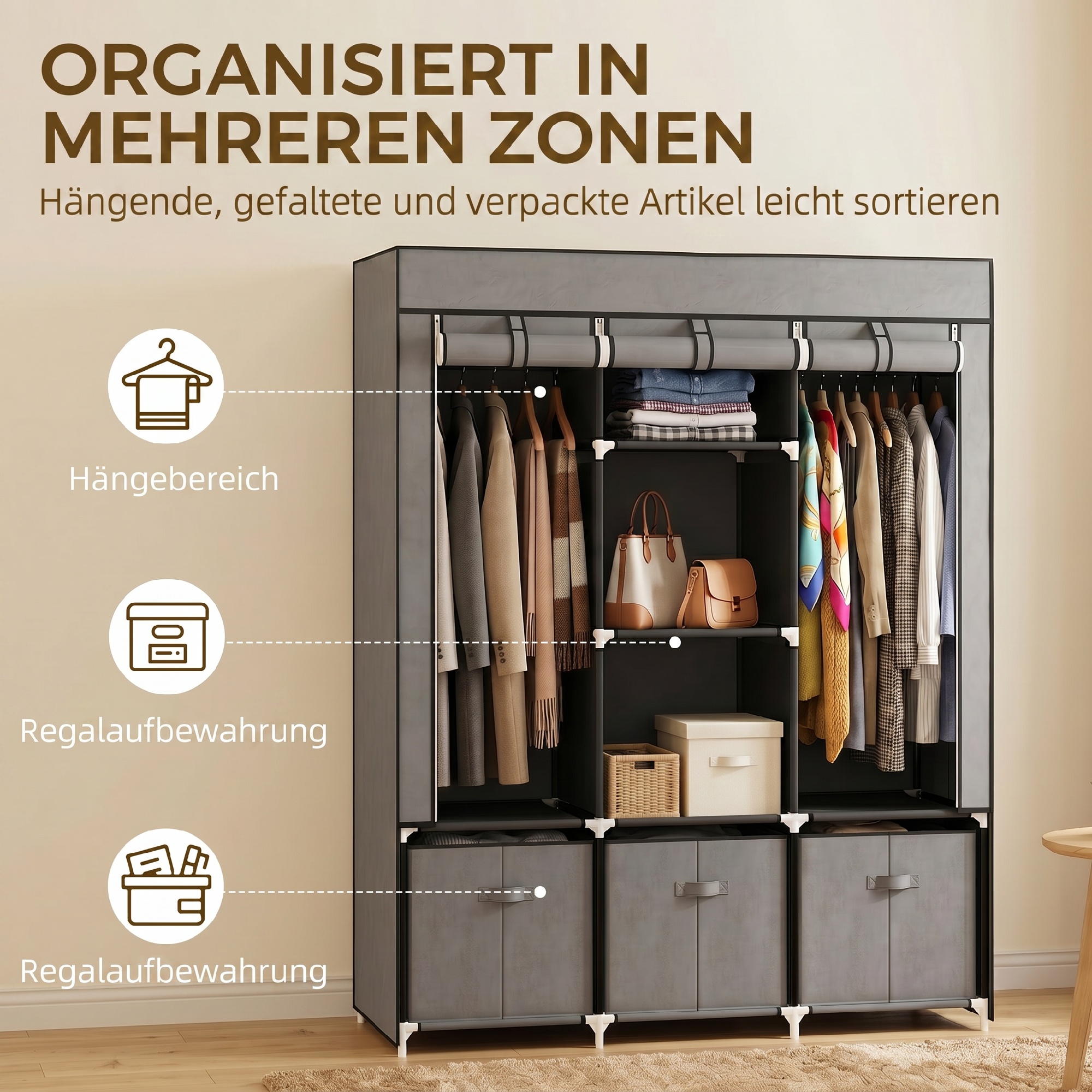 Riidest riidekapp, tumehall, 125 x 43 x 162,5 cm, 3 sahtliga