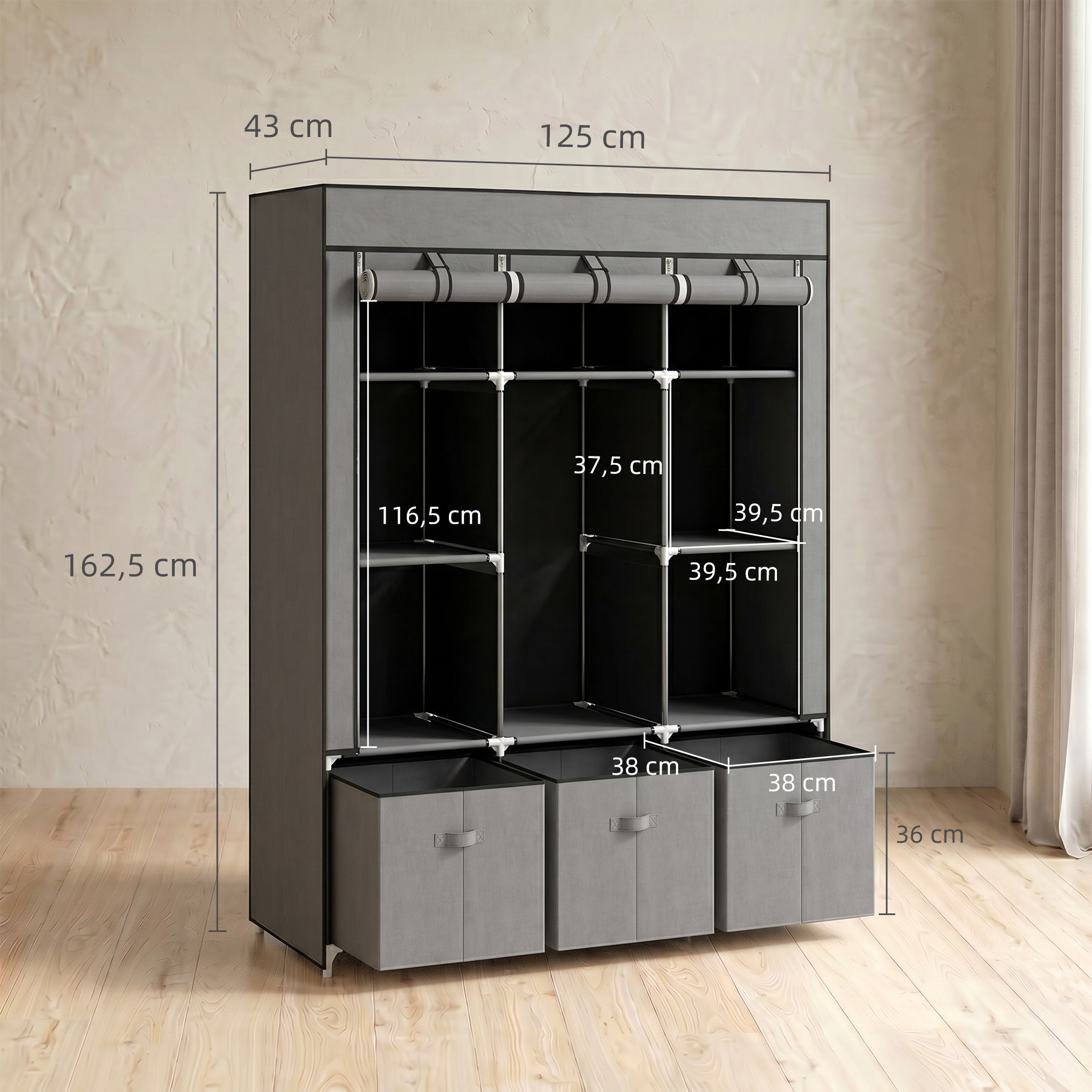 Riidest riidekapp, tumehall, 125 x 43 x 162,5 cm, 3 sahtliga