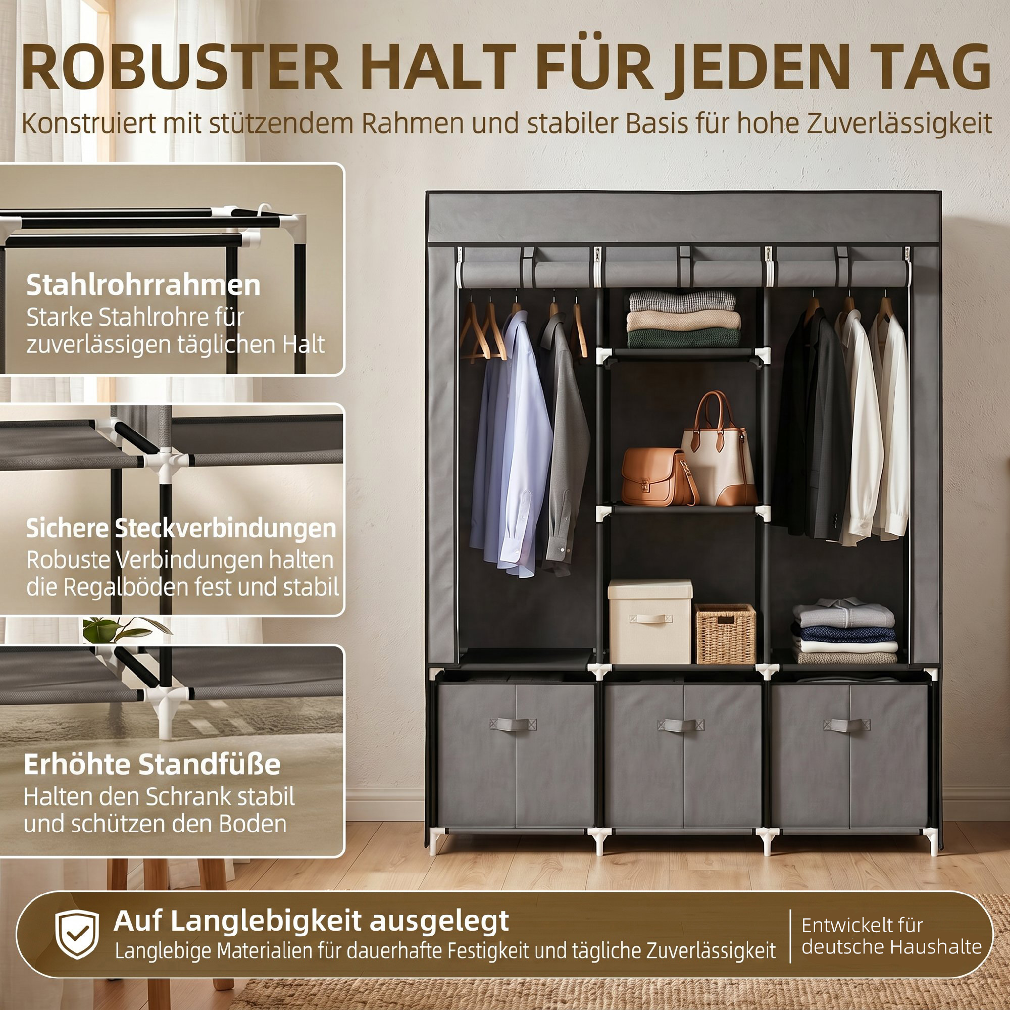 Riidest riidekapp, tumehall, 125 x 43 x 162,5 cm, 3 sahtliga