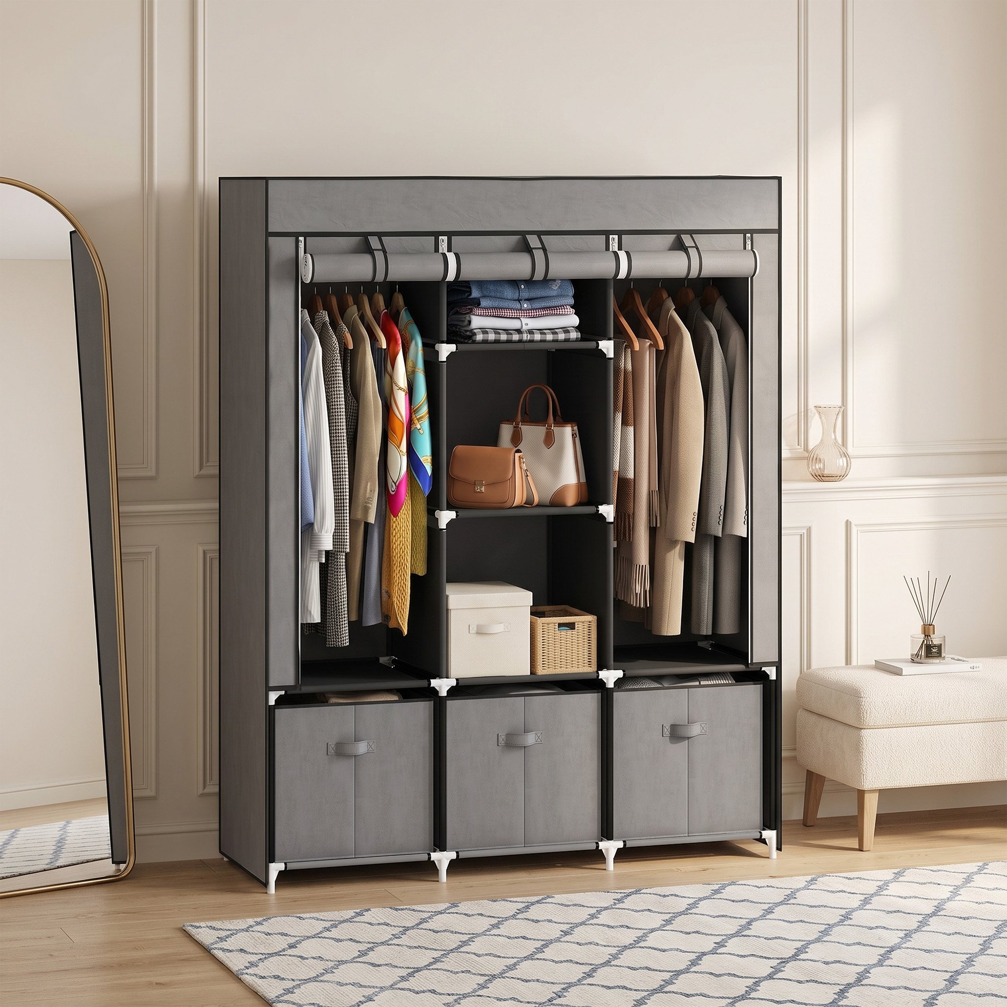 Riidest riidekapp, tumehall, 125 x 43 x 162,5 cm, 3 sahtliga