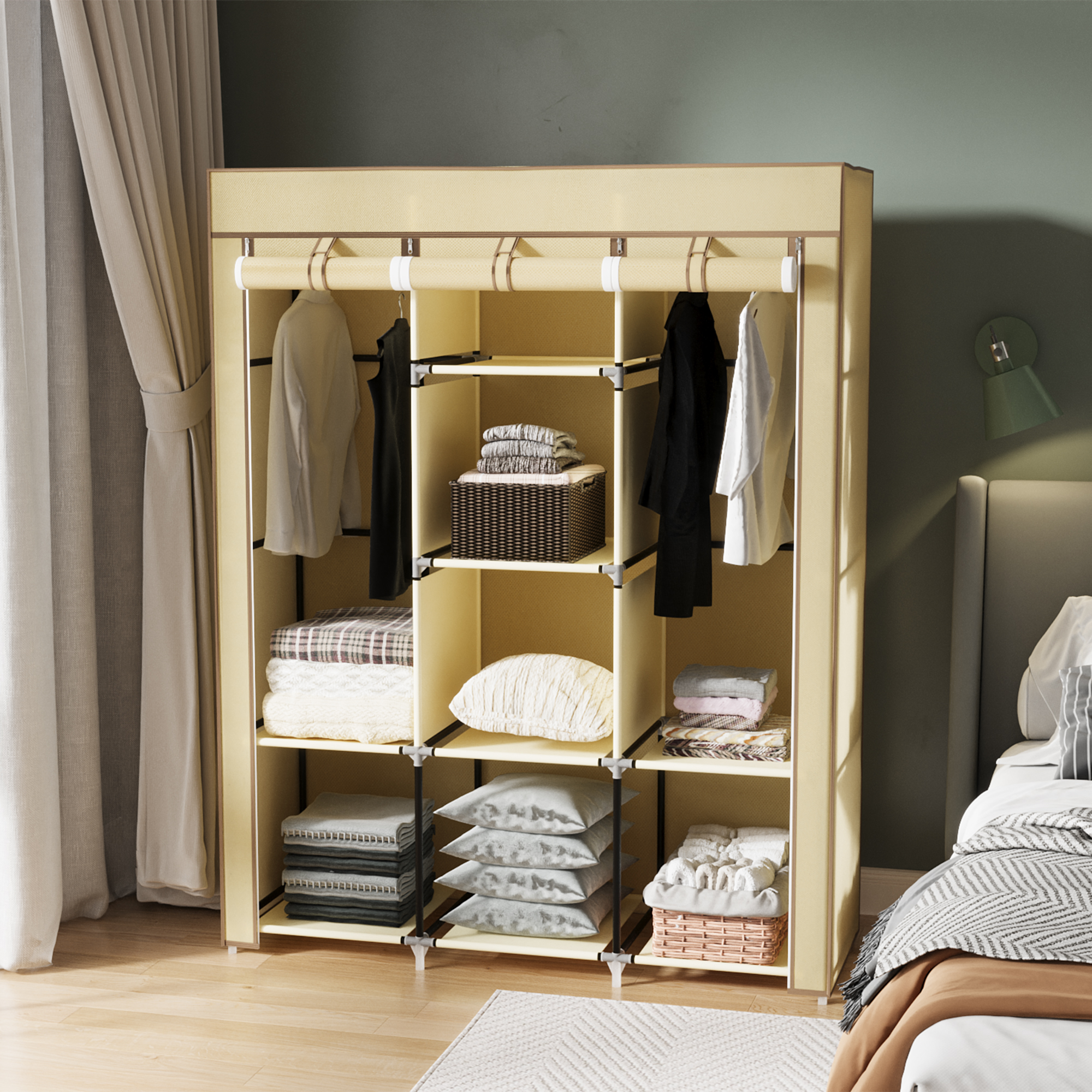 Riidest kapp, beež, 125 x 43 x 162,5 cm, 8 riiulit, 2 riidevarrast