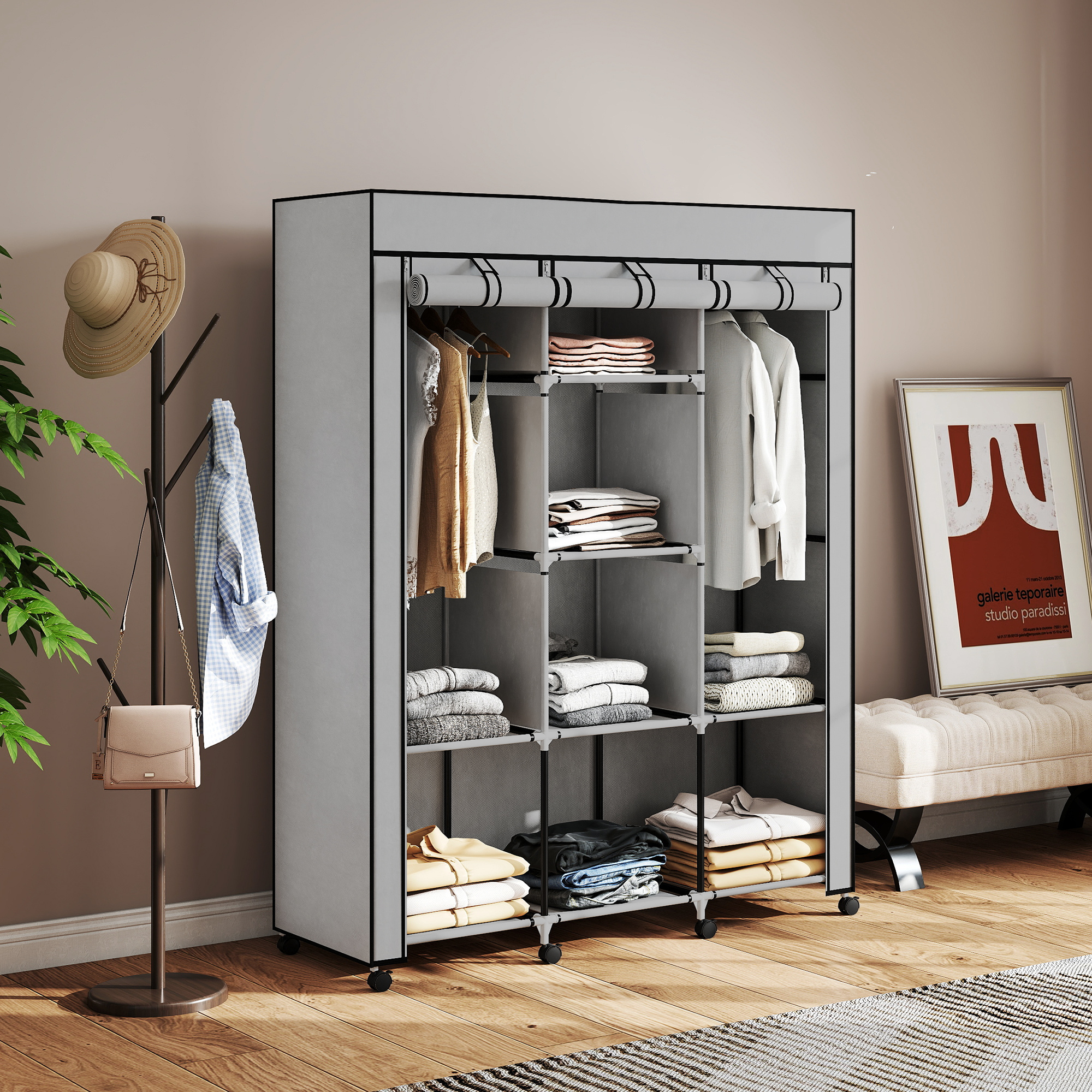 Kangast kapp, helehall, 8 riiulit, 2 riidevarrast, 125 x 43 x 162,5 cm