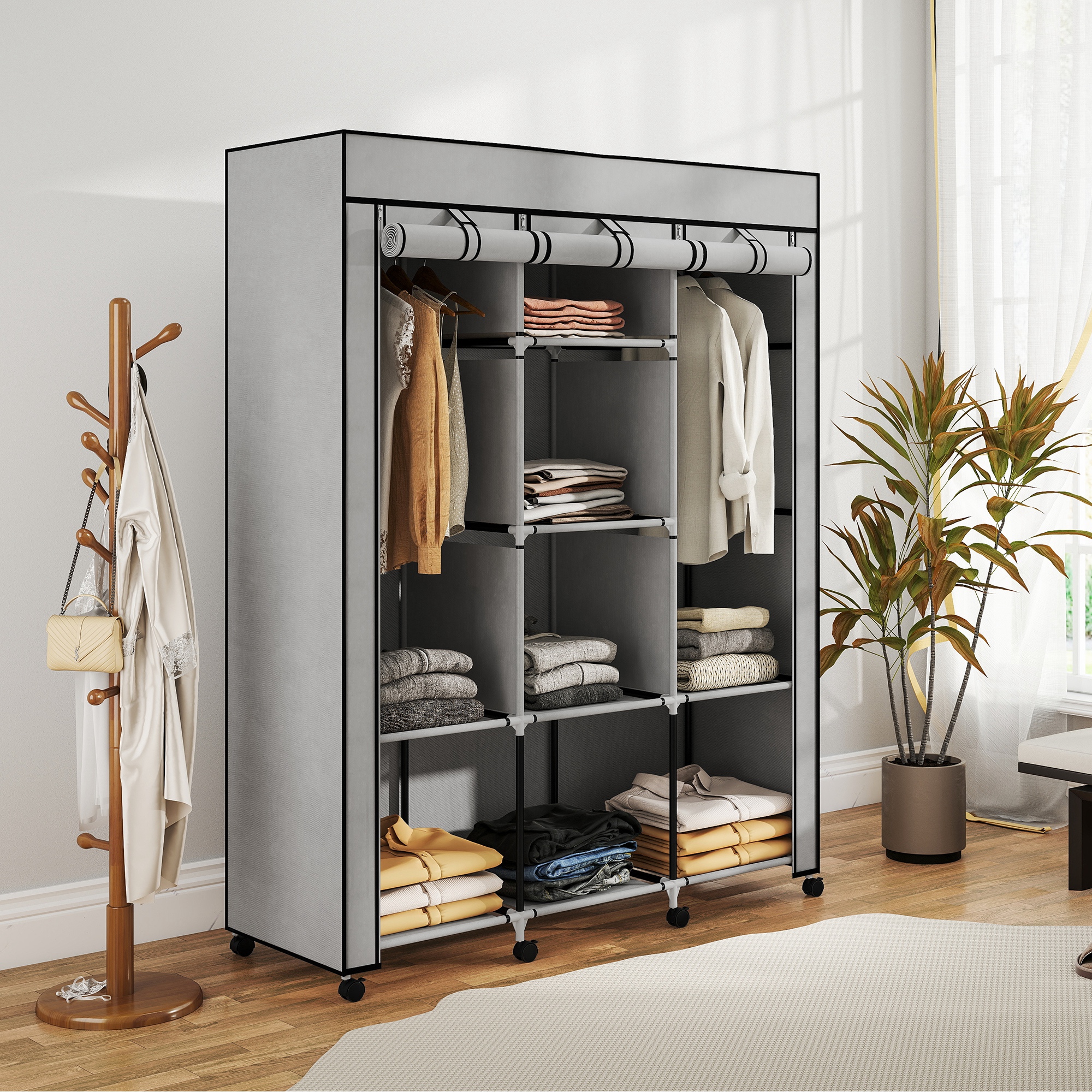 Kangast kapp, helehall, 8 riiulit, 2 riidevarrast, 125 x 43 x 162,5 cm
