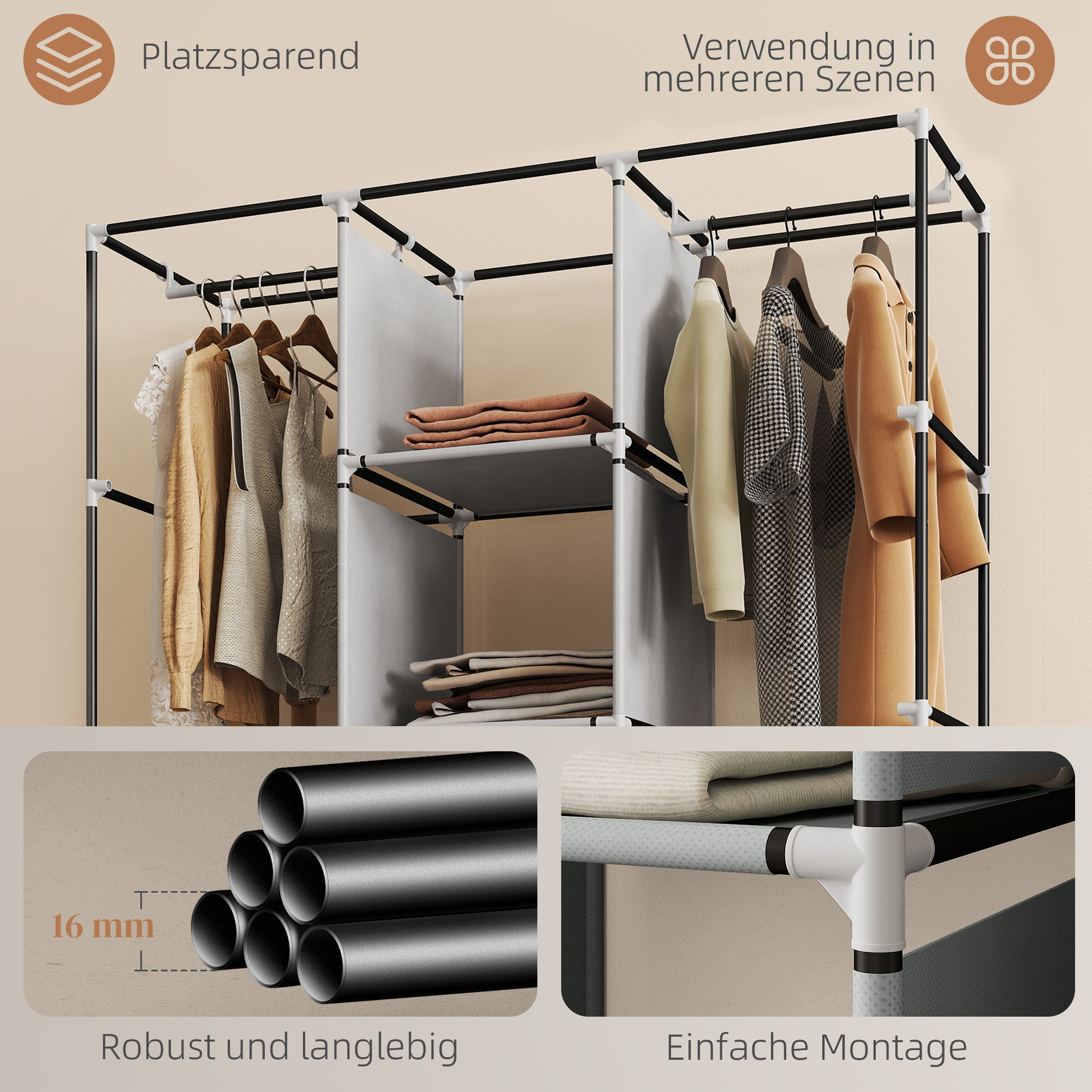 Kangast kapp, helehall, 8 riiulit, 2 riidevarrast, 125 x 43 x 162,5 cm