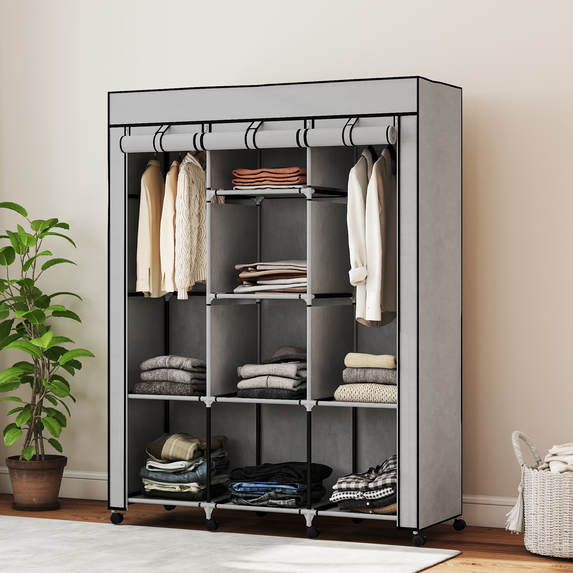 Kangast kapp, helehall, 8 riiulit, 2 riidevarrast, 125 x 43 x 162,5 cm