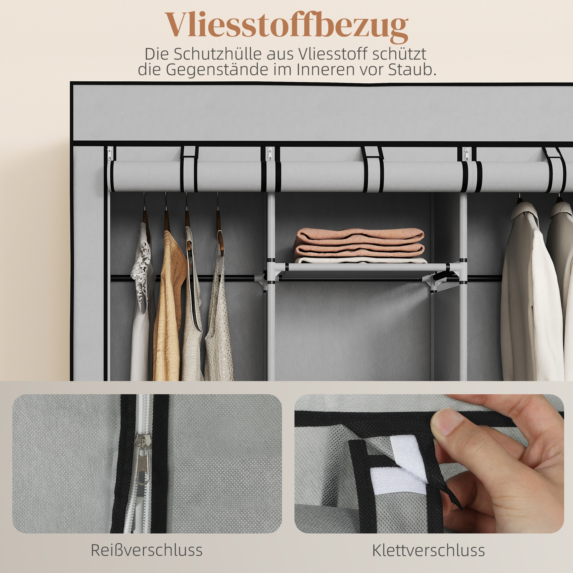 Kangast kapp, helehall, 8 riiulit, 2 riidevarrast, 125 x 43 x 162,5 cm