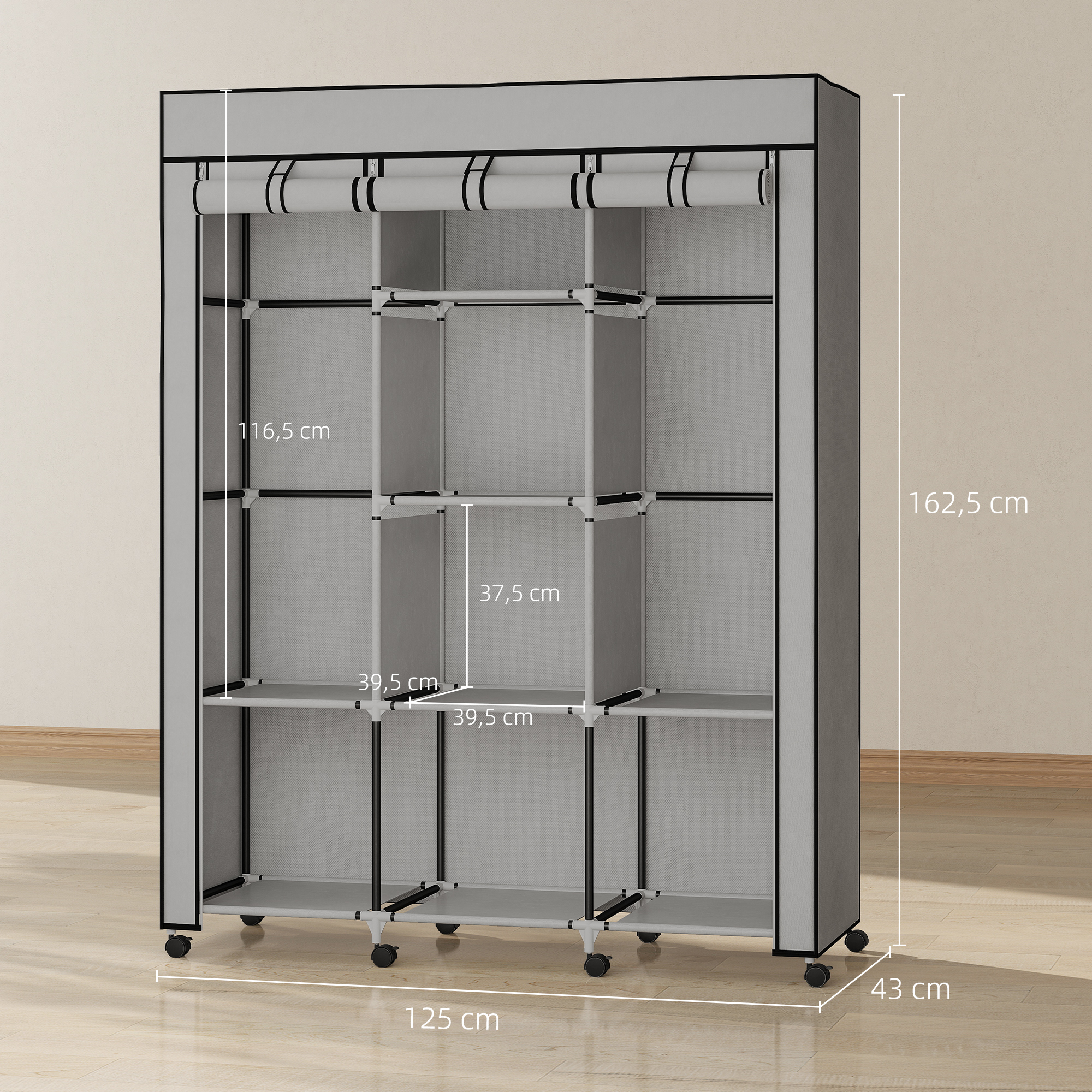 Kangast kapp, helehall, 8 riiulit, 2 riidevarrast, 125 x 43 x 162,5 cm