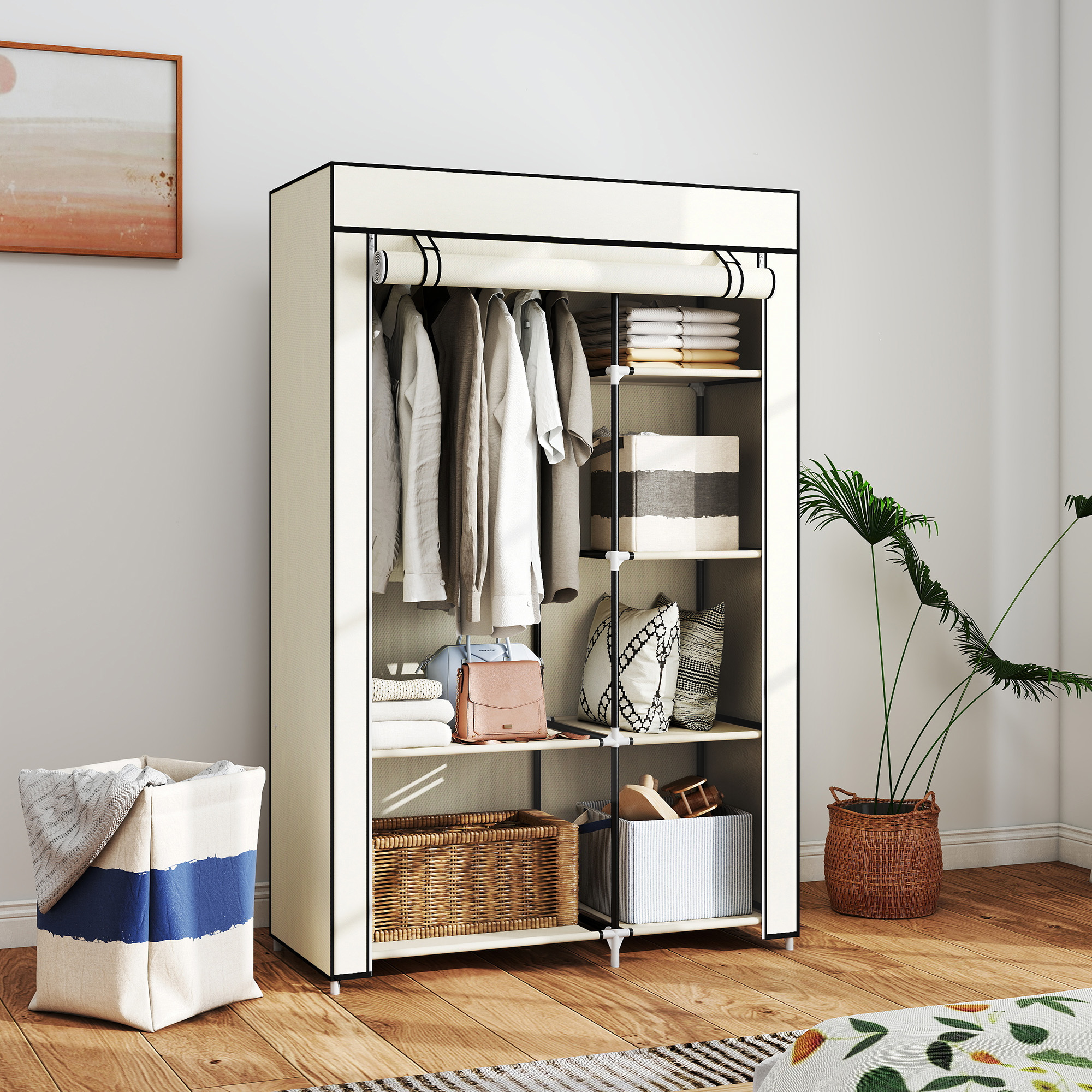 Riidest riidekapp, kreemvalge, 6 riiulit, 1 riidevarras, 103 x 43 x 162,5 cm