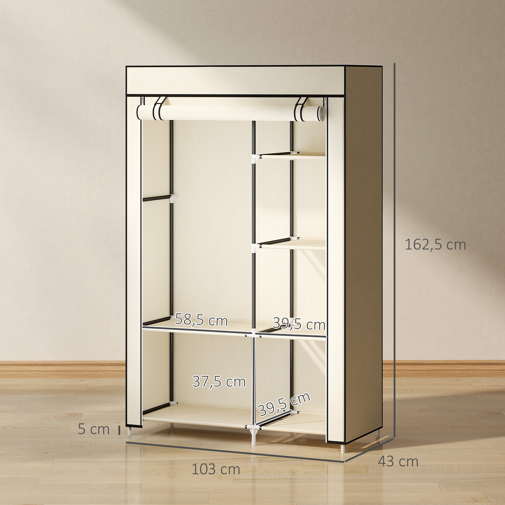 Riidest riidekapp, kreemvalge, 6 riiulit, 1 riidevarras, 103 x 43 x 162,5 cm