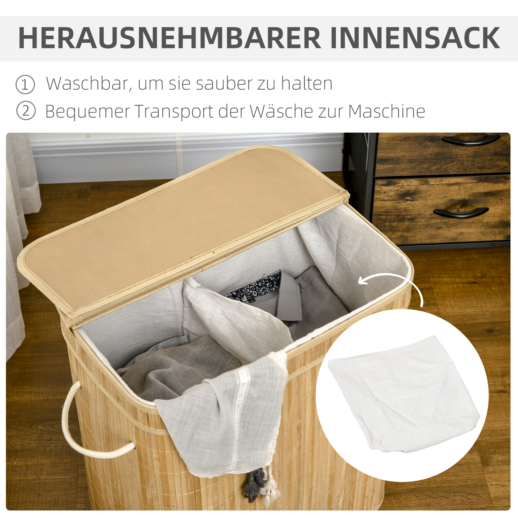 Kokkupandav bambusest pesukorv, 90 l, naturaalne