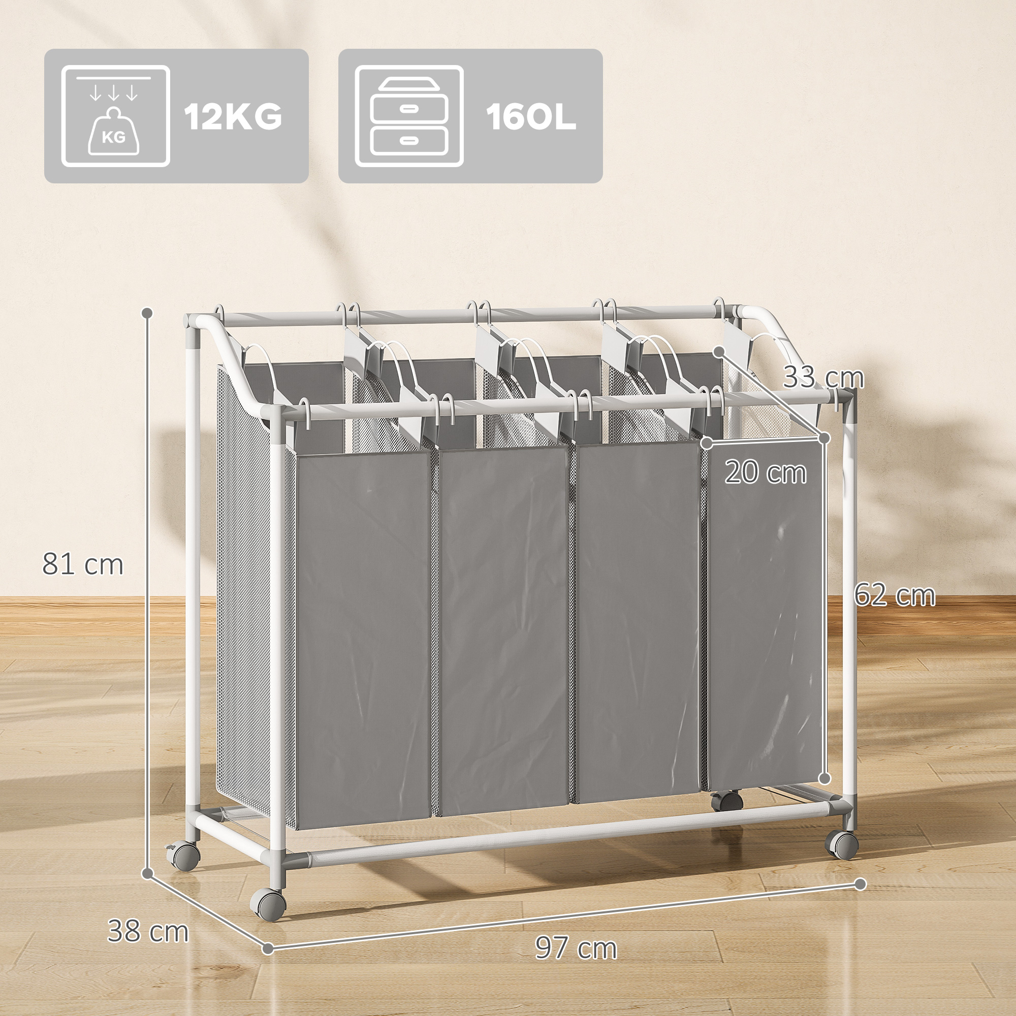 Pesukorv 4 sektsiooniga, 160 l, ratastel, eemaldatava pesukotiga, 97 x 38 x 81 cm, hall
