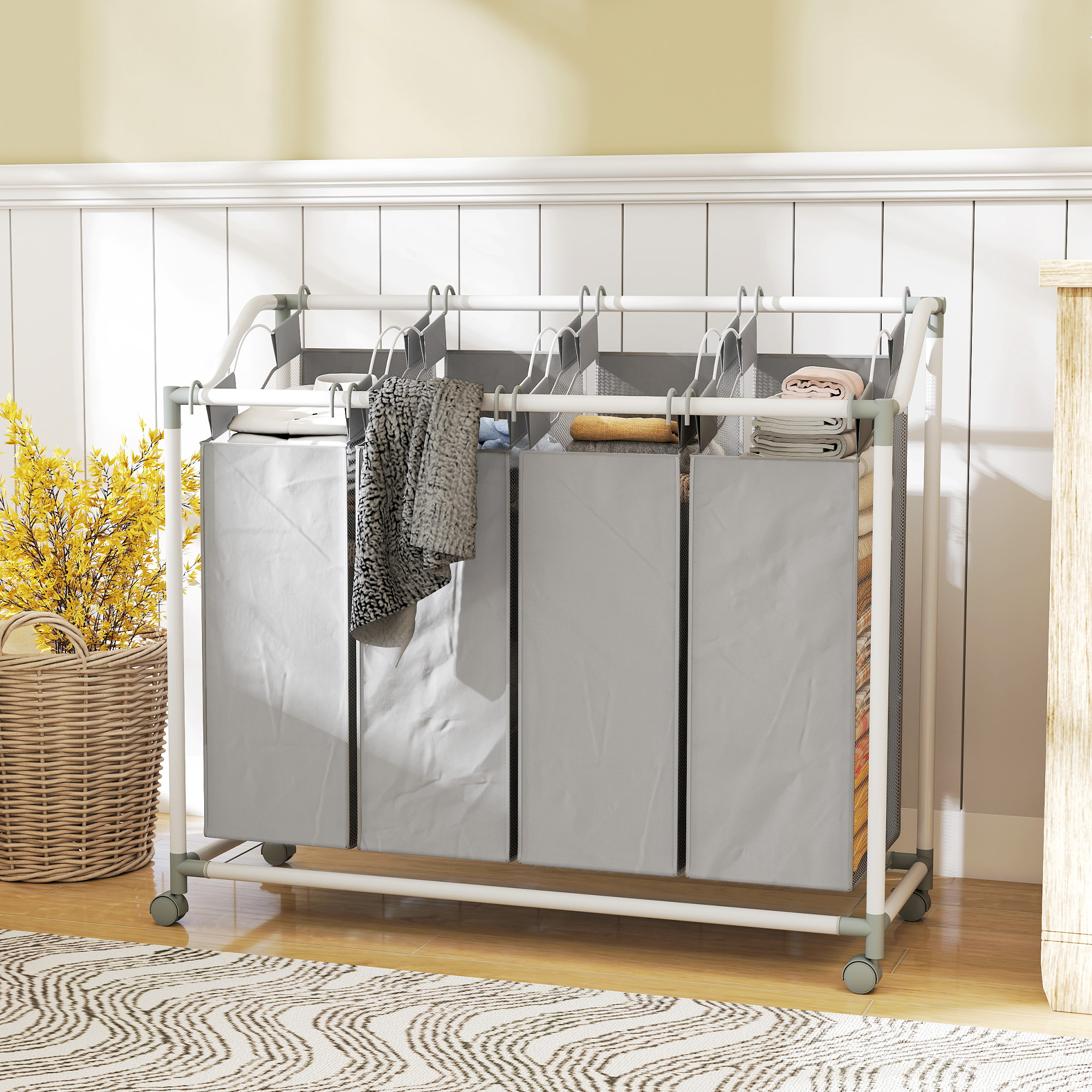 Pesukorv 4 sektsiooniga, 160 l, ratastel, eemaldatava pesukotiga, 97 x 38 x 81 cm, hall