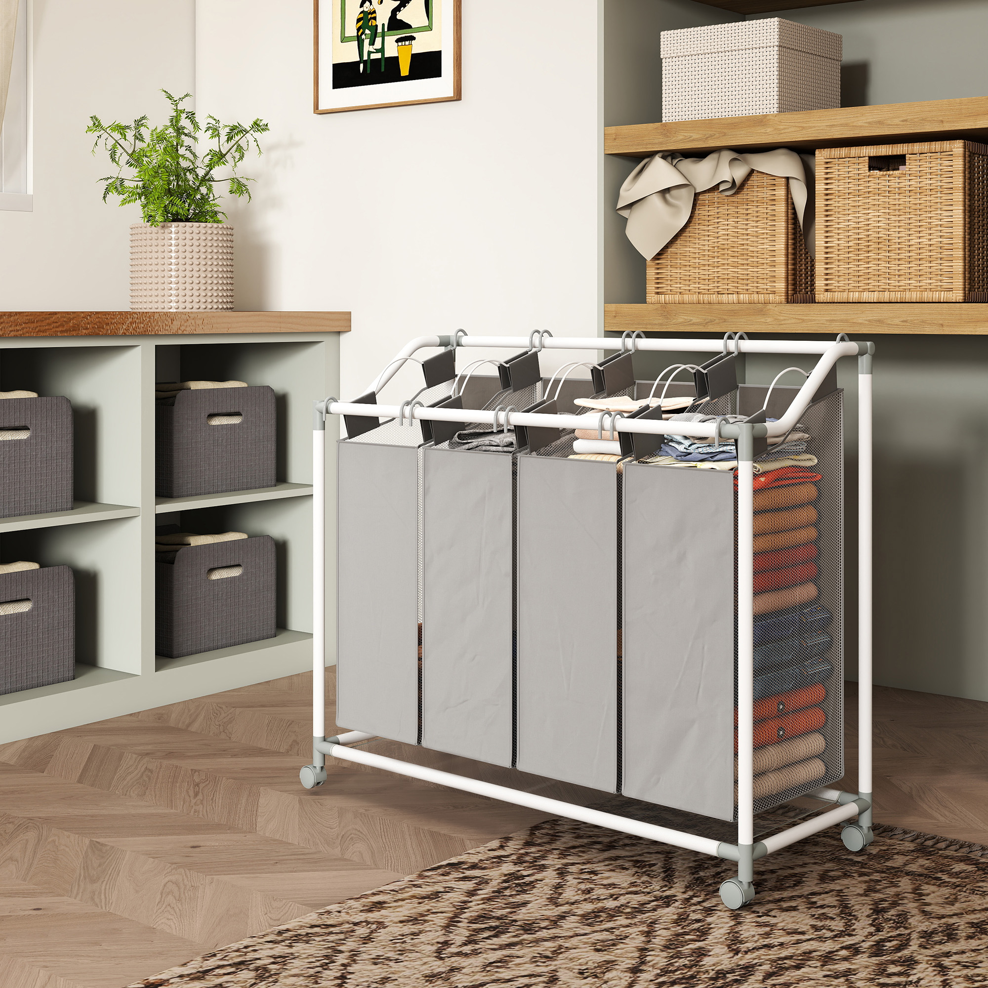 Pesukorv 4 sektsiooniga, 160 l, ratastel, eemaldatava pesukotiga, 97 x 38 x 81 cm, hall