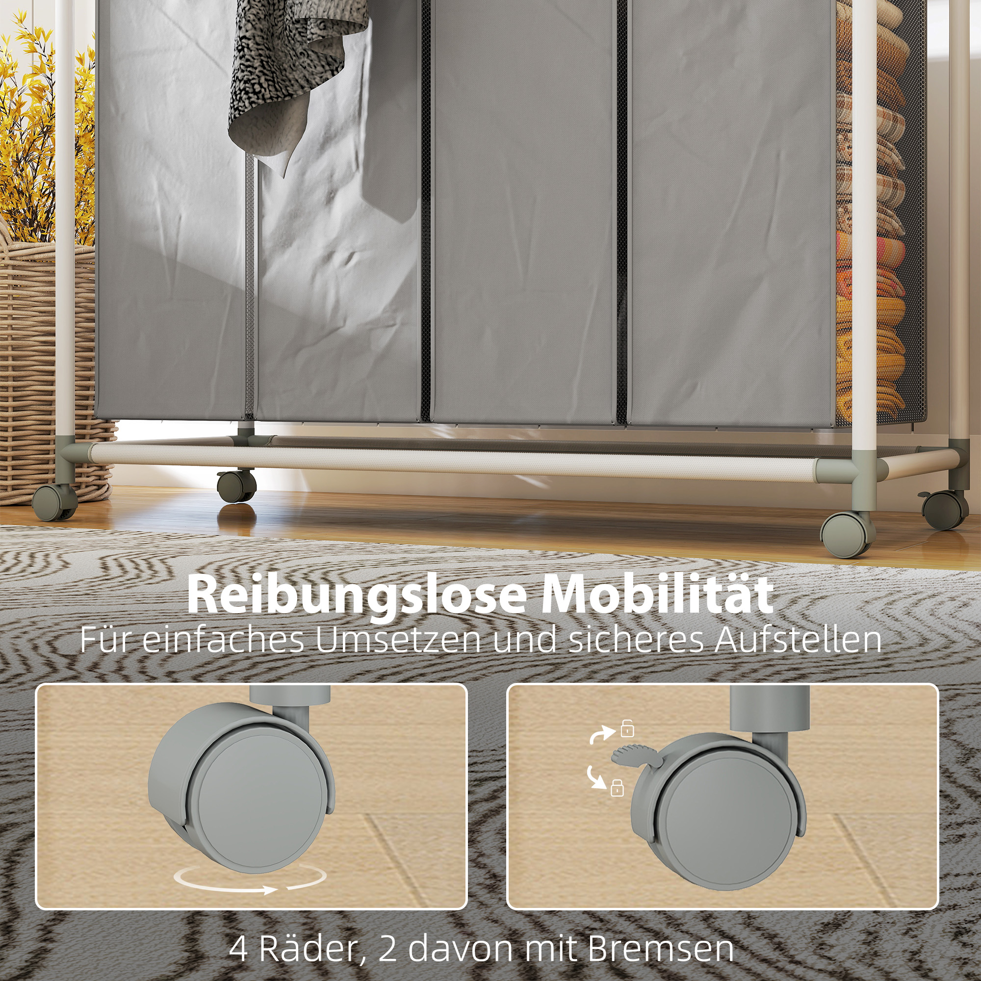 Pesukorv 4 sektsiooniga, 160 l, ratastel, eemaldatava pesukotiga, 97 x 38 x 81 cm, hall