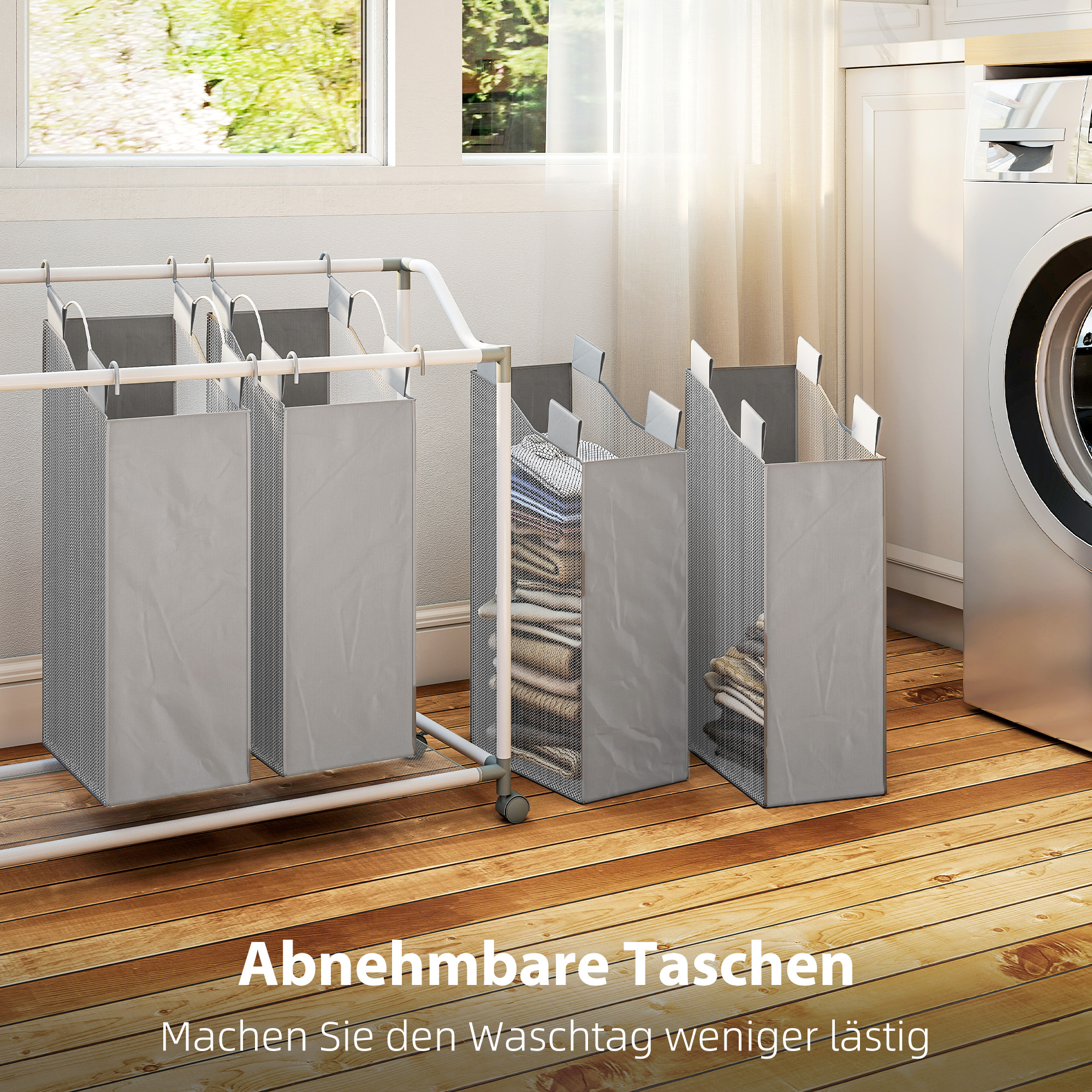 Pesukorv 4 sektsiooniga, 160 l, ratastel, eemaldatava pesukotiga, 97 x 38 x 81 cm, hall