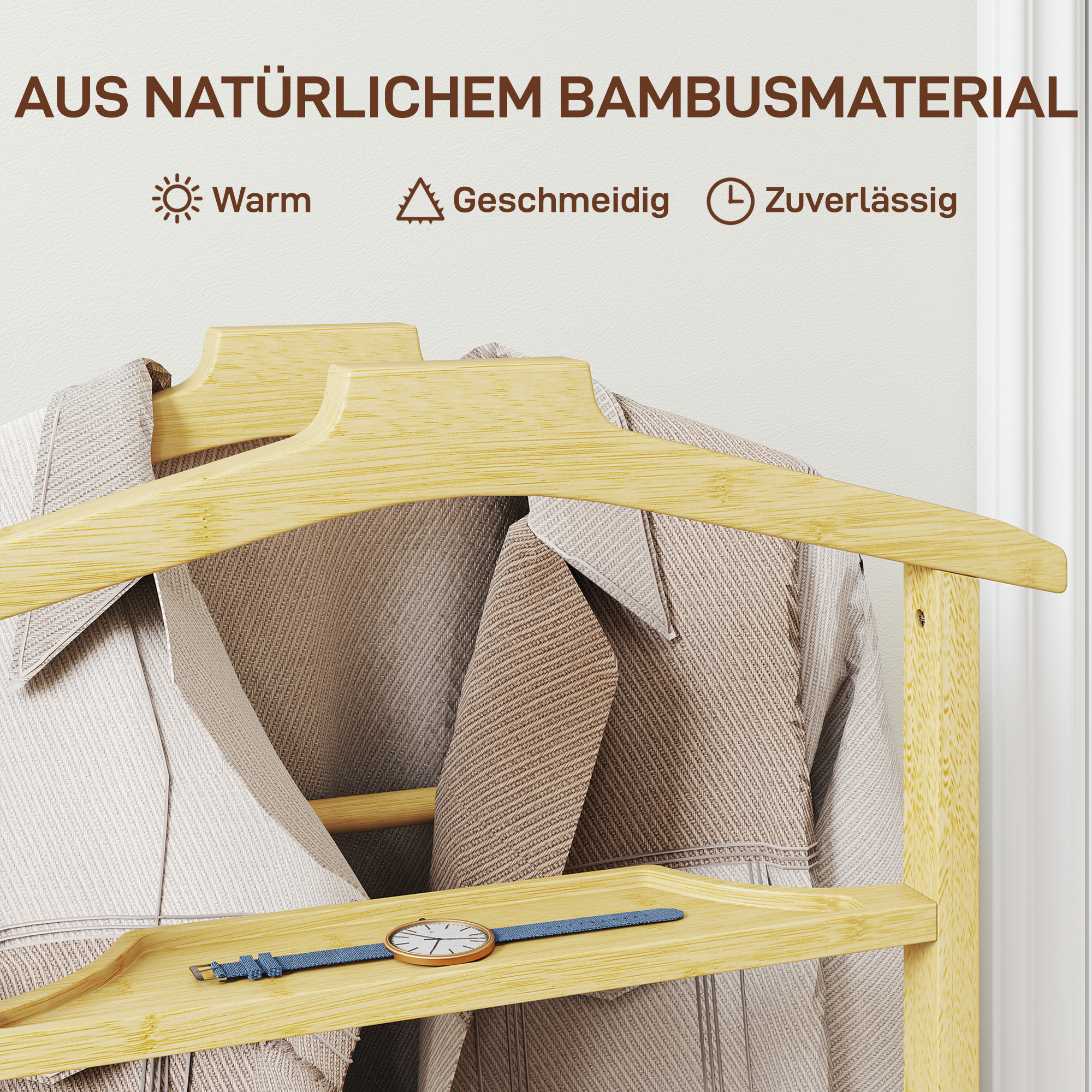 Ratastel riidestang, bambus, naturaalne puidutoon, 47 x 33,7 x 105,5 cm